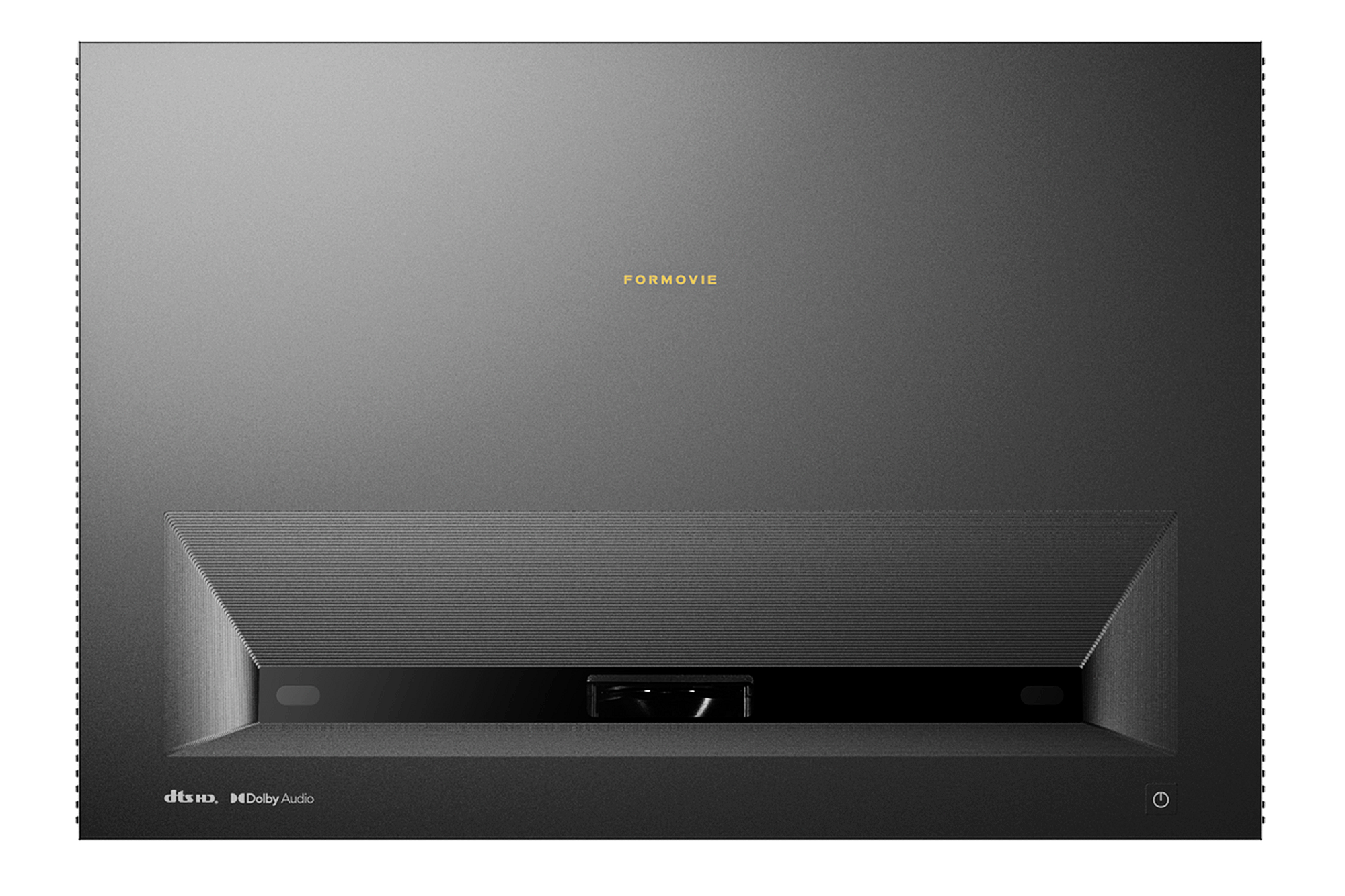 Grauer Projektor mit FORMOVIE-Logo und Lüftungsschlitzen. DTS HD und Dolby Audio.