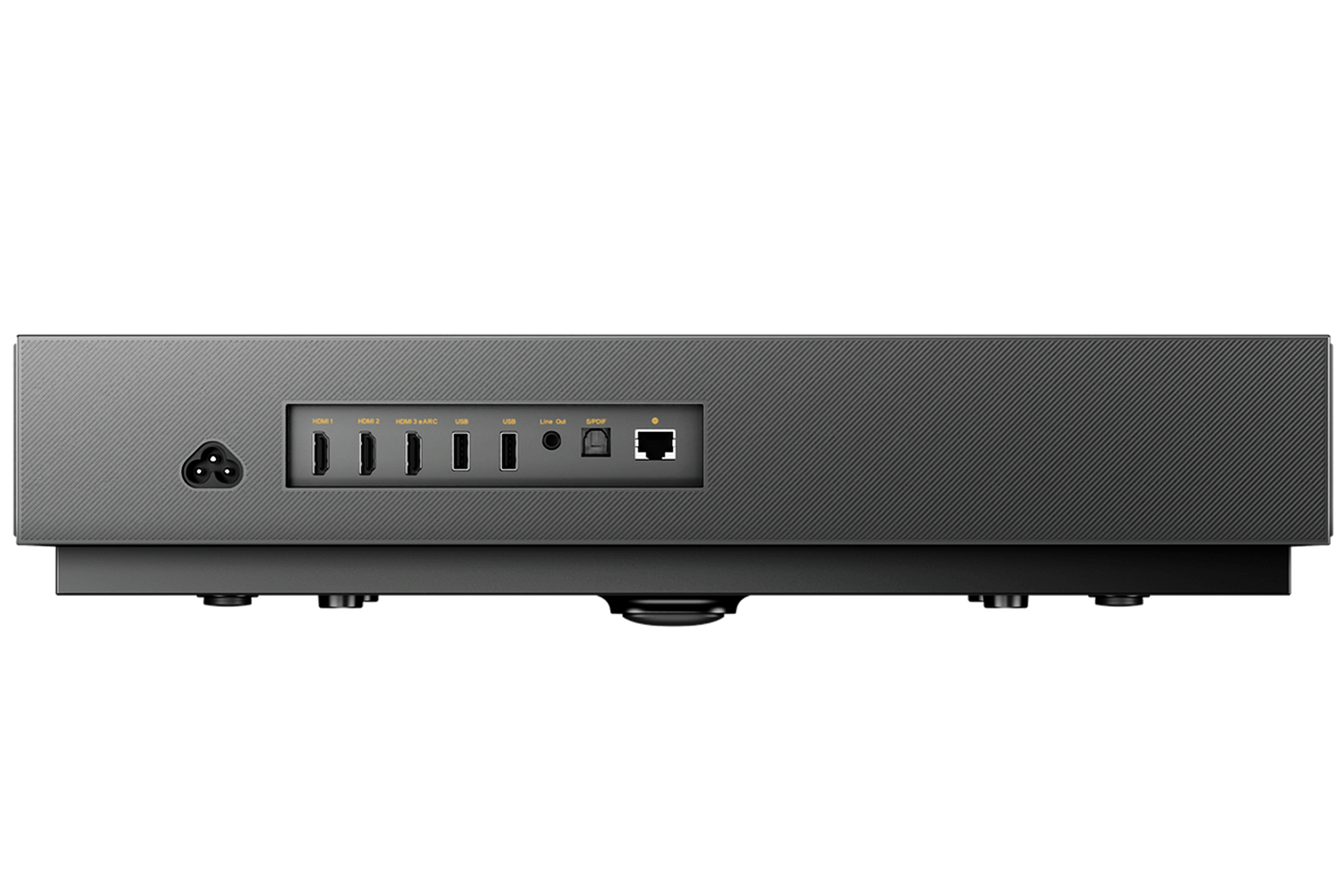 Rückseite eines schwarzen Geräts mit Anschlüssen: Strom, 3x HDMI, 2x USB, Line Out, S/PDIF, Ethernet.