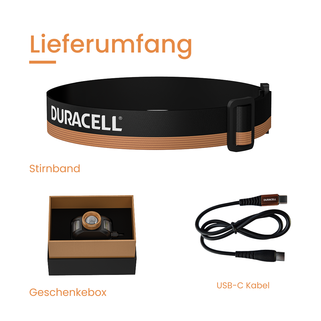 Lieferumfang: Stirnband, Geschenkbox mit Lampe, USB-C Kabel.