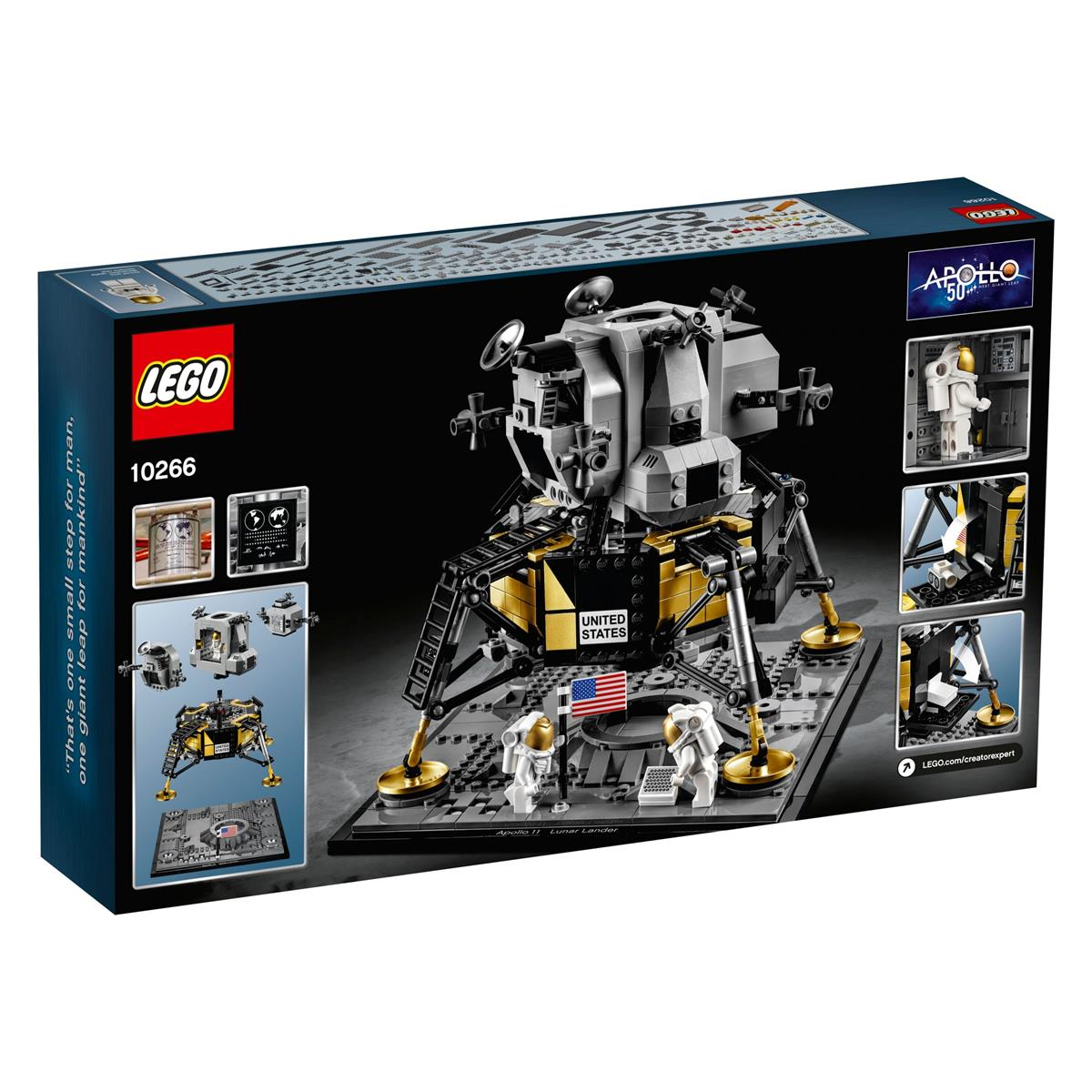 LEGO Apollo 11 Mondlandefähre Bausatz mit Astronauten und Flagge auf dem Karton.