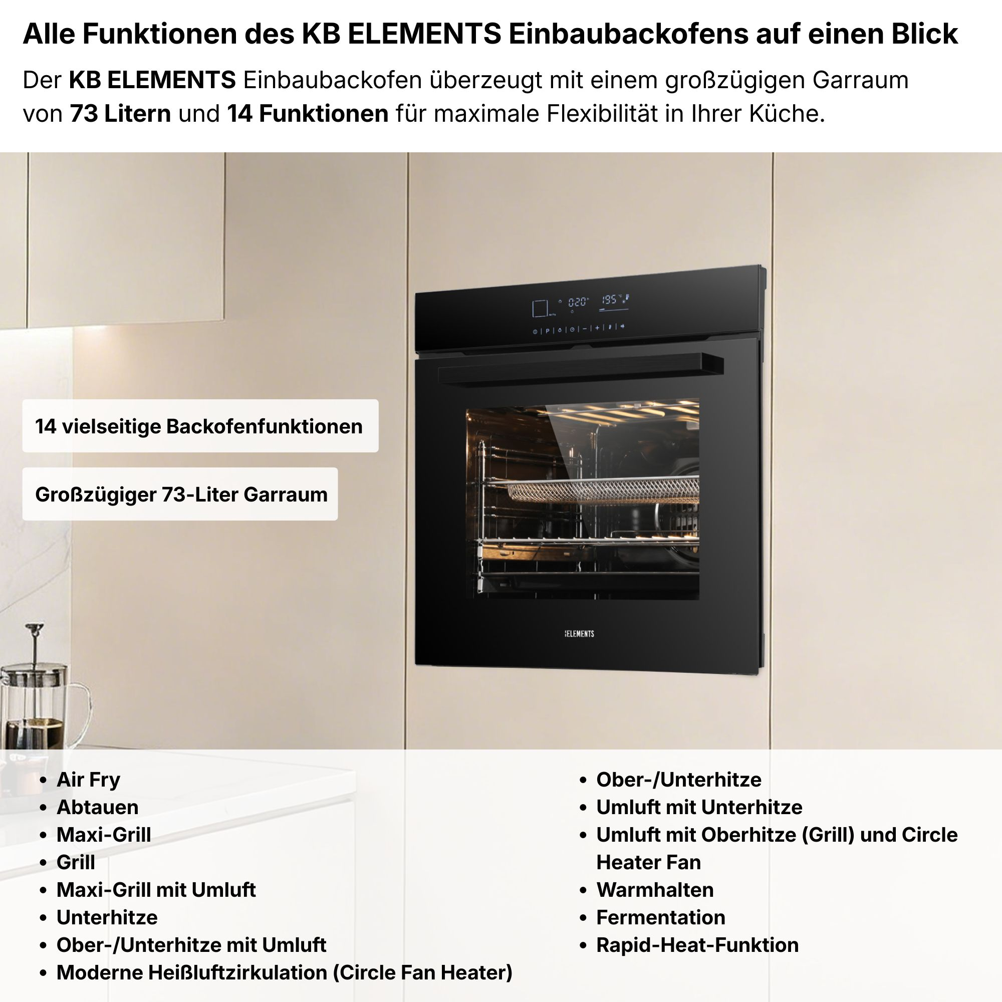 Einbau-Backofen mit 73L Garraum und 14 Funktionen, schwarz.
