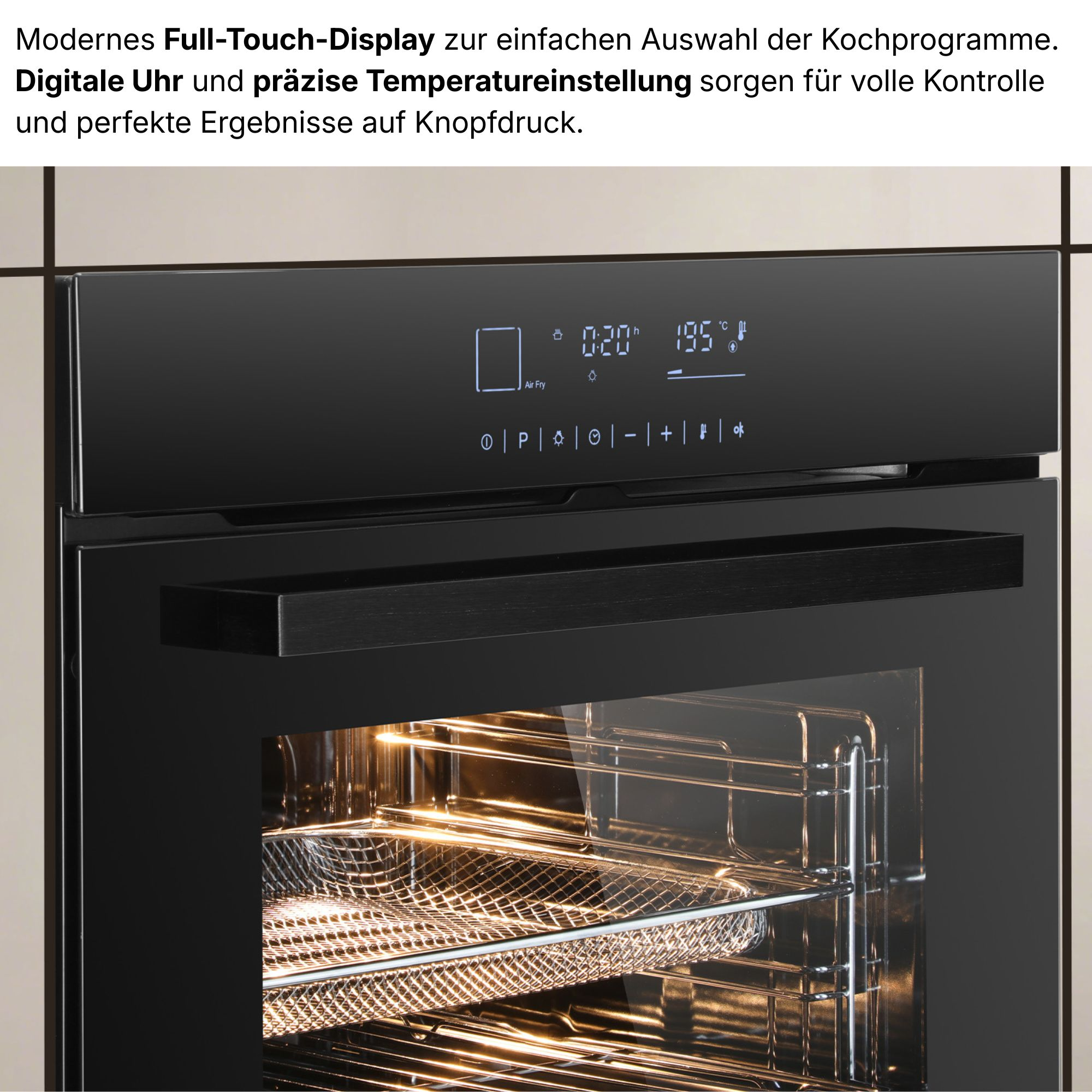 Ein moderner Ofen mit Touch-Display zeigt Air Fry, 0:20 und 195°C an.