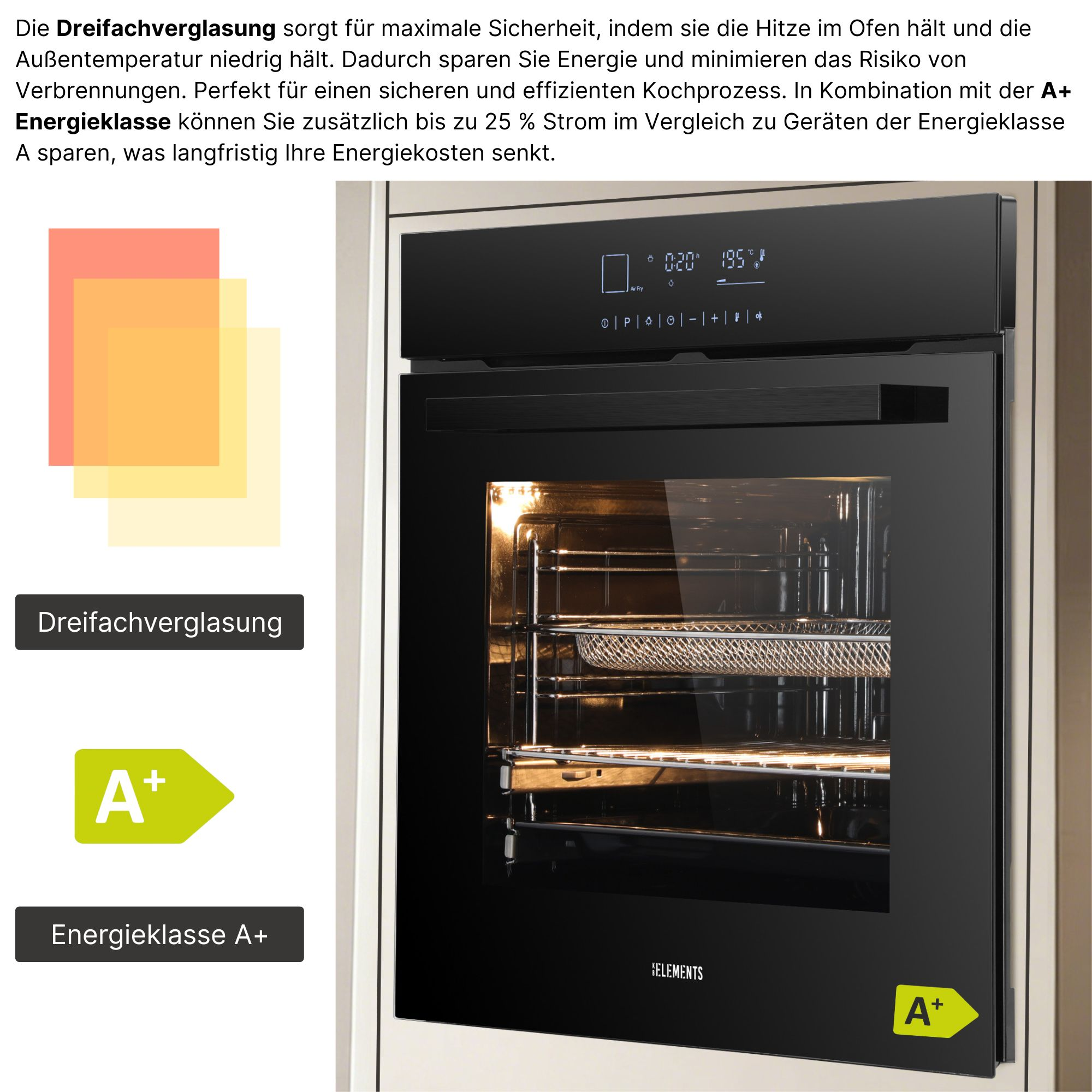 Ein moderner Backofen mit Dreifachverglasung und Energieeffizienzklasse A+.