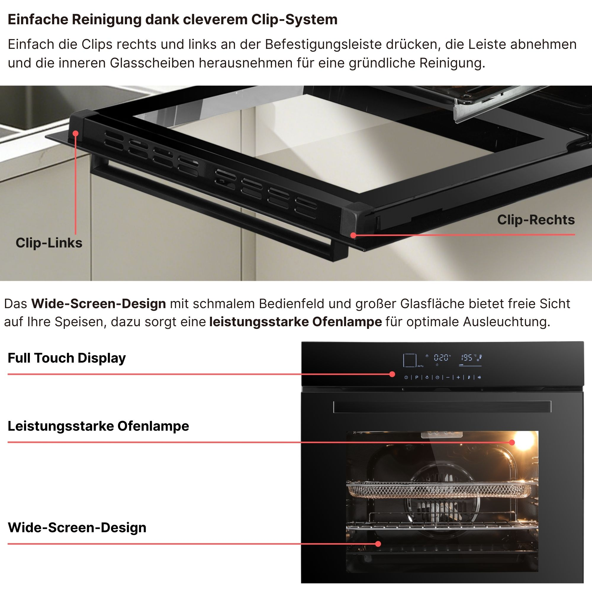 Einbauherd mit Touch-Display und beleuchtetem Innenraum. Clips zur Reinigung sind markiert.