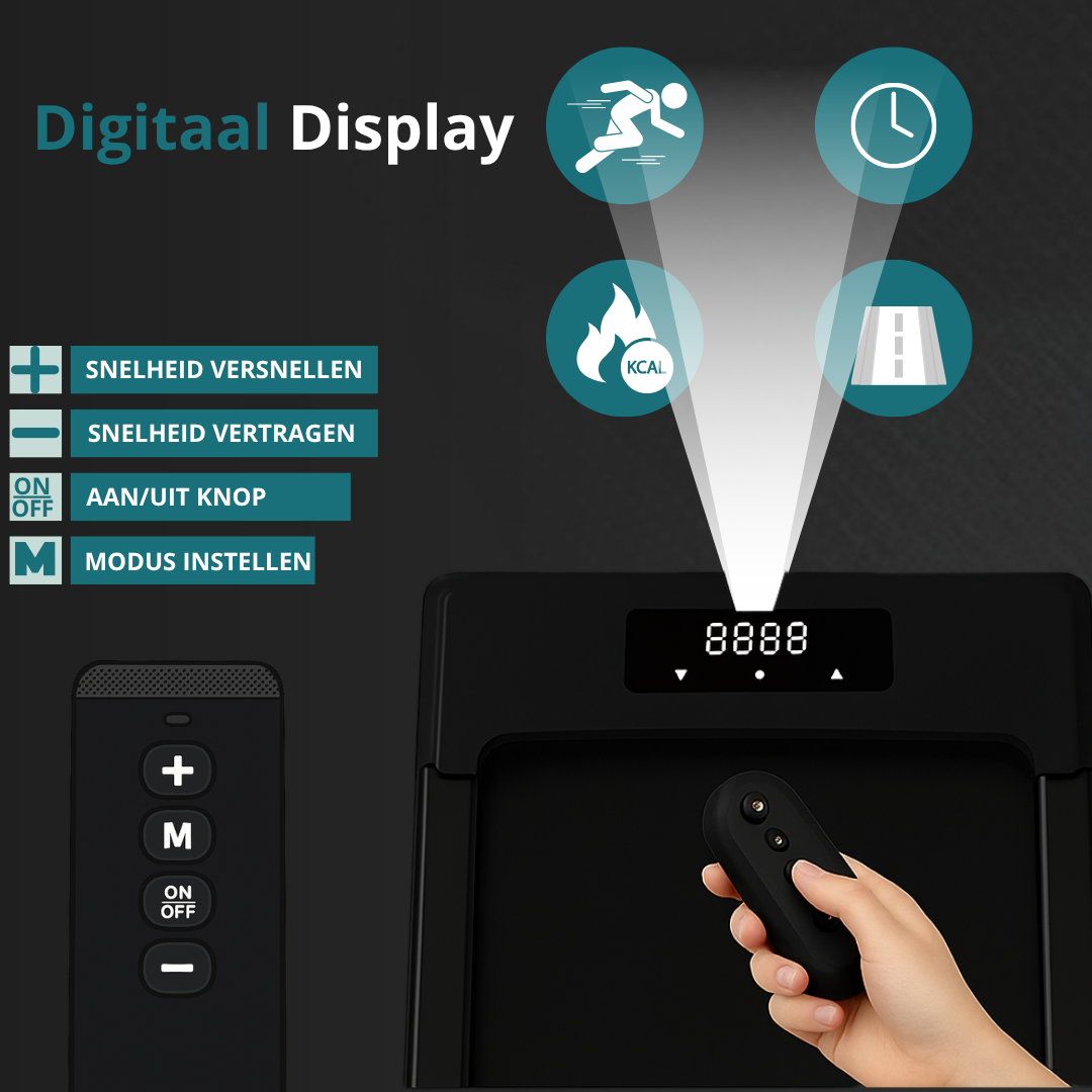 Digital display with controls, icons, and treadmill.