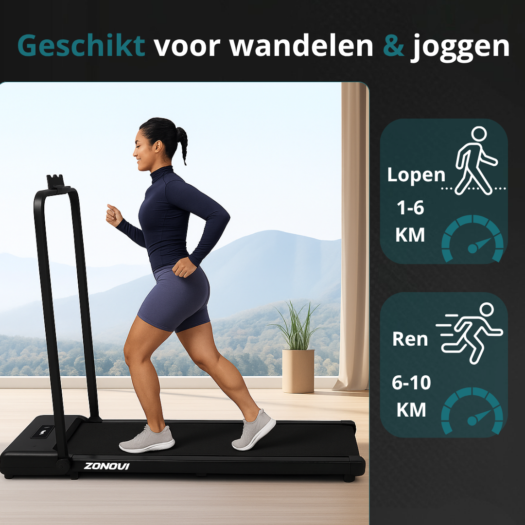Woman running on treadmill with text about walking & running 1-6 KM and 6-10 KM.