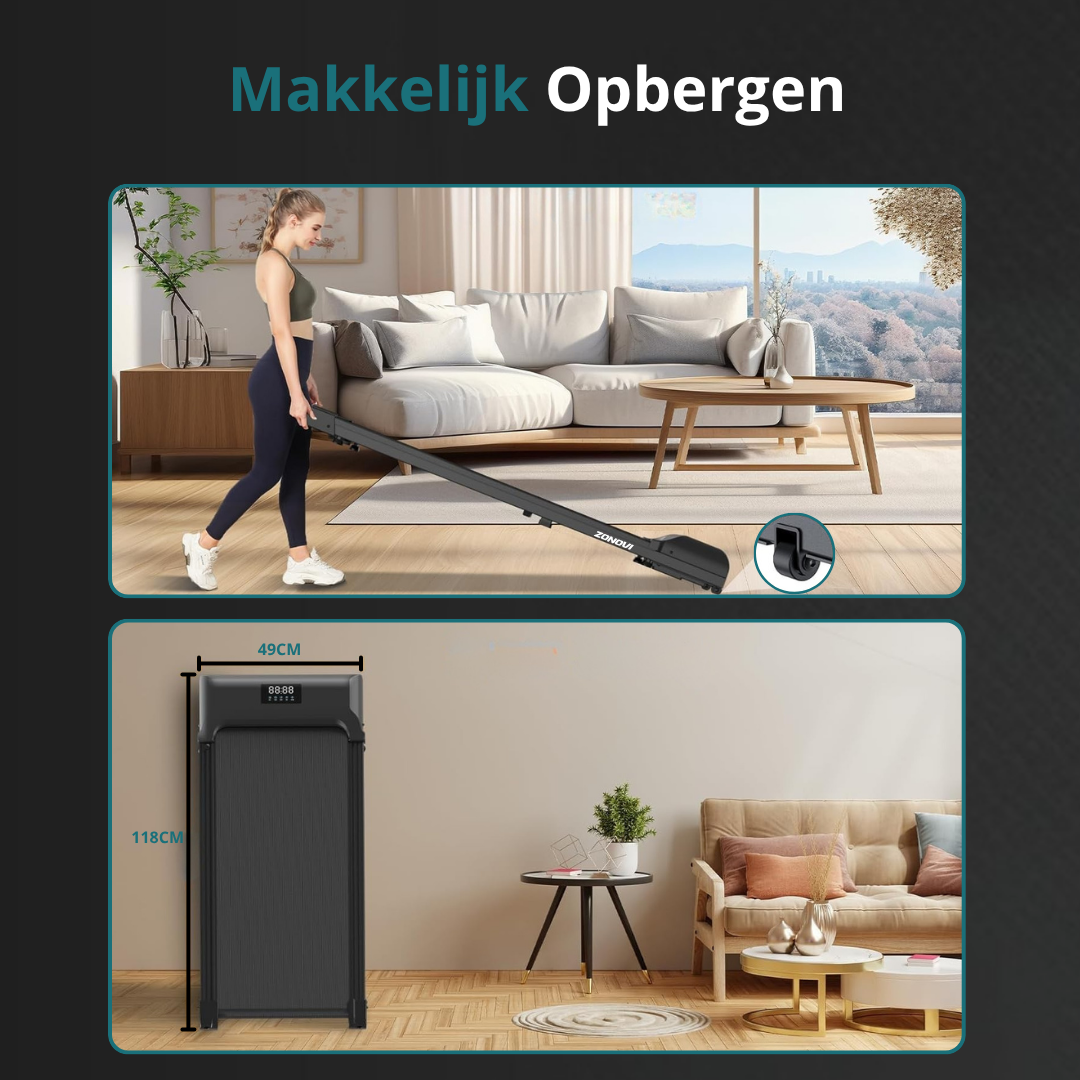 A woman uses a slim treadmill in a living room. Below: The treadmill is folded.