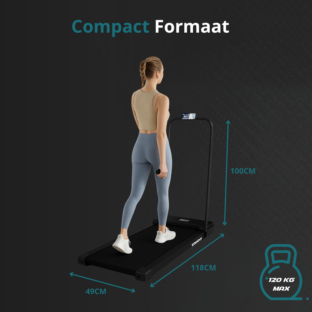 A woman walks on a black treadmill. Dimensions and 120 kg max weight are shown.