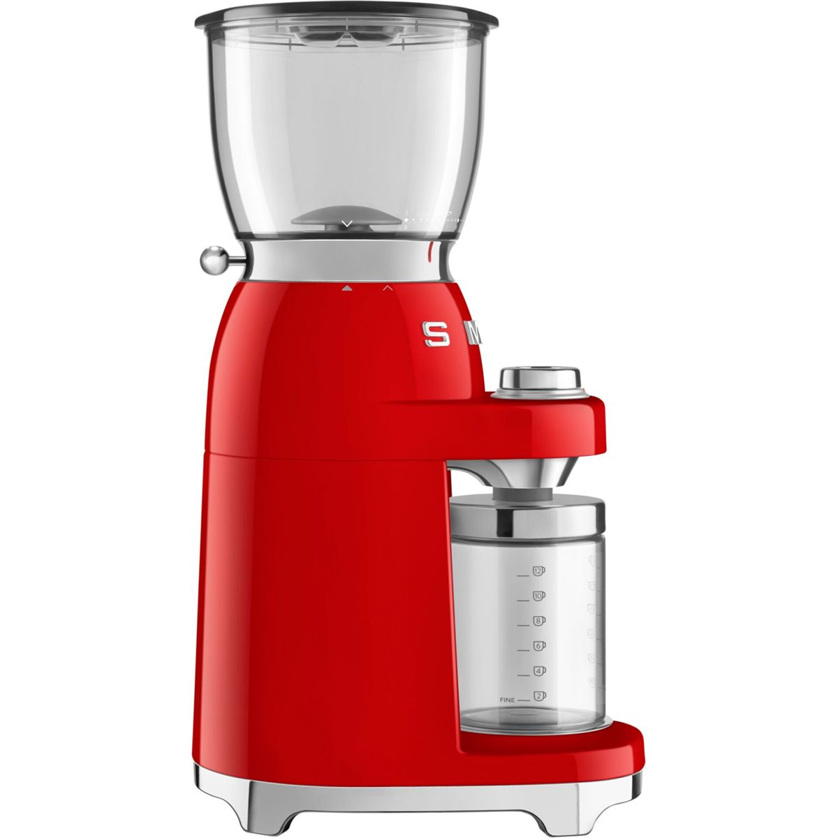 Un molinillo de café rojo con tolva transparente arriba y recipiente de vidrio abajo.