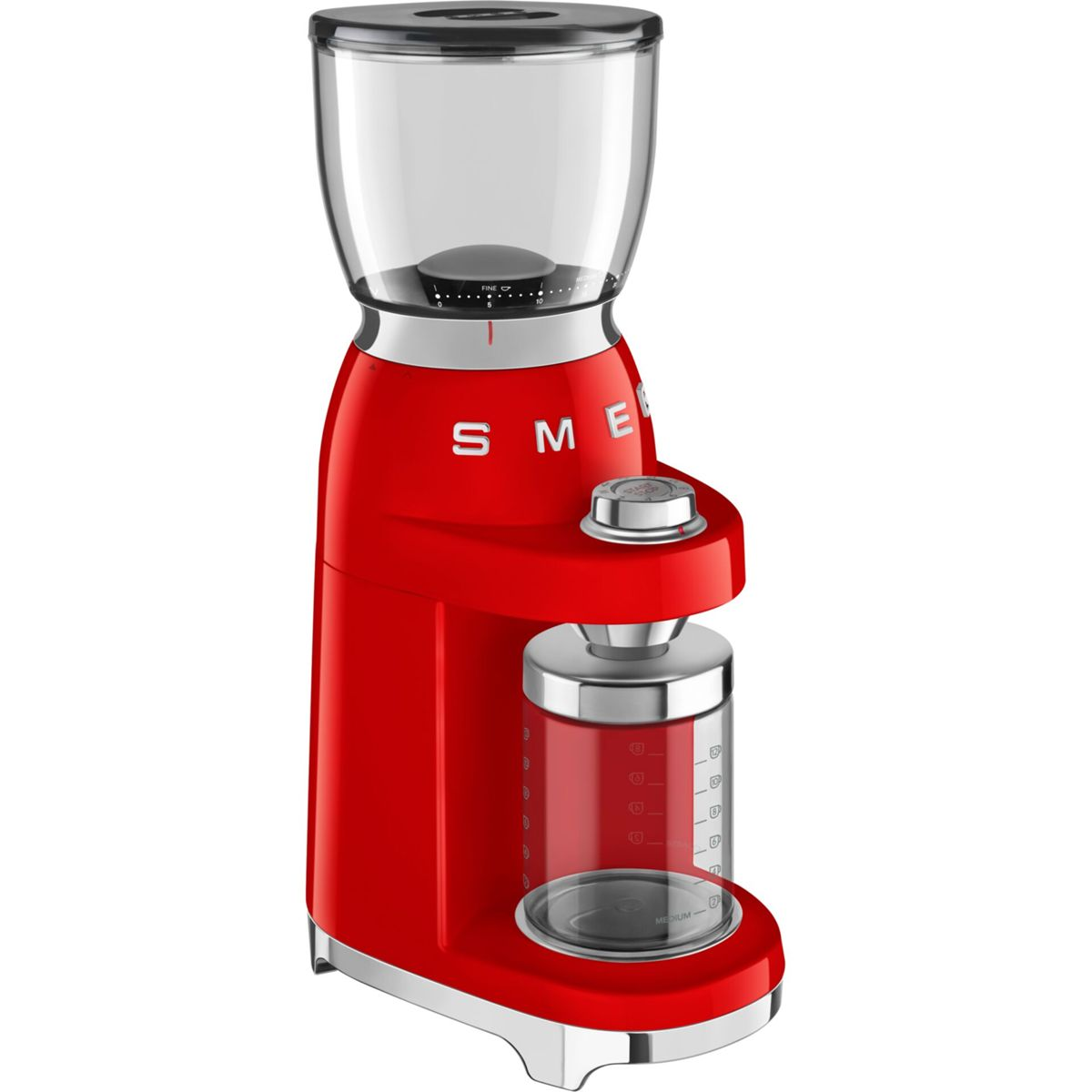 Un molinillo de café rojo con un recipiente transparente arriba y abajo.