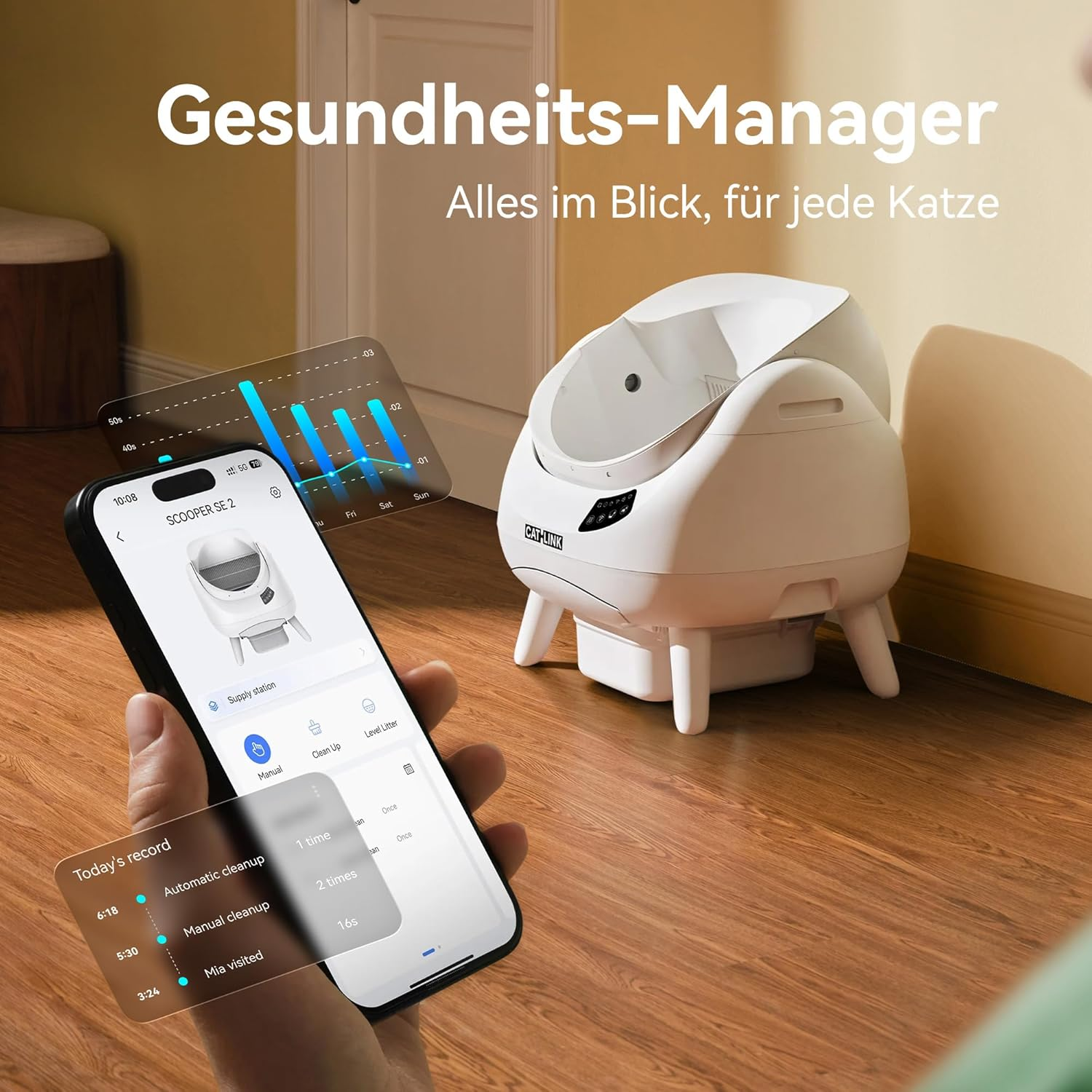 Ein Smartphone zeigt eine App für ein Katzenklo an, daneben steht ein weißes Katzenklo.