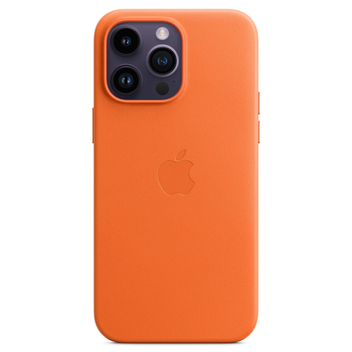 Een oranje iPhone-hoes met drie camera's en Apple-logo.