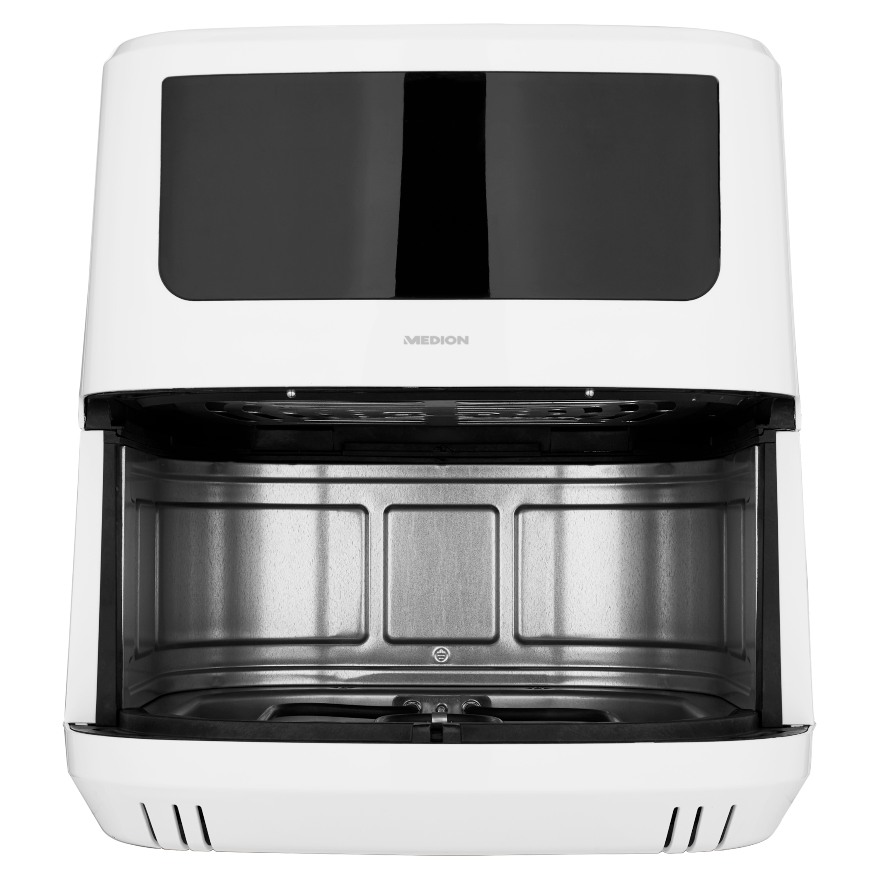 Biała frytkownica beztłuszczowa Medion z otwartą komorą i czarnym okienkiem.