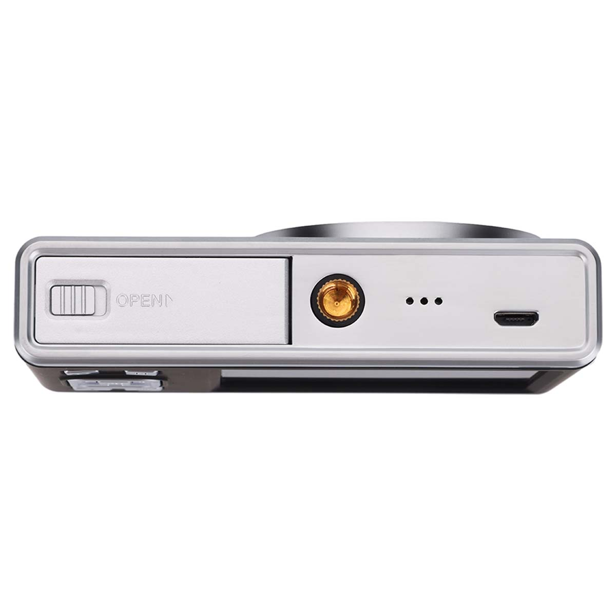 Srebrny aparat z suwakiem "OPEN", śrubą, trzema kropkami i portem USB.