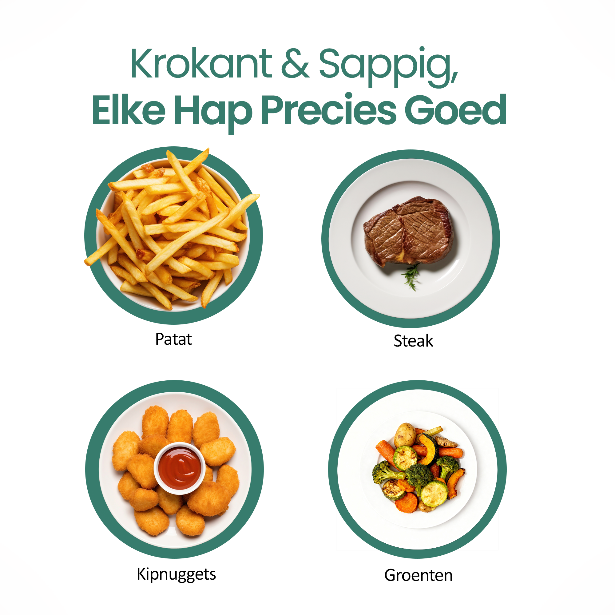 Cztery talerze jedzenia: frytki, stek, nuggetsy z ketchupem i pieczone warzywa.