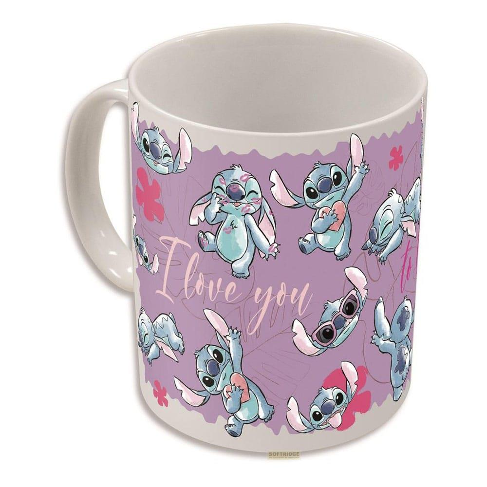 Taza morada con varias ilustraciones de Stitch y texto "I love you".
