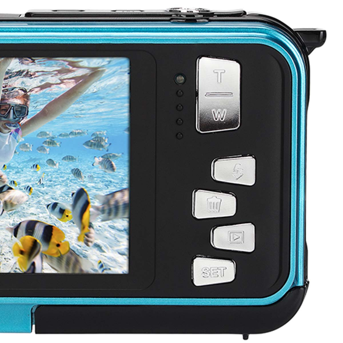 Osoba nurkująca z maską pływa w czystej wodzie otoczona kolorowymi rybami.