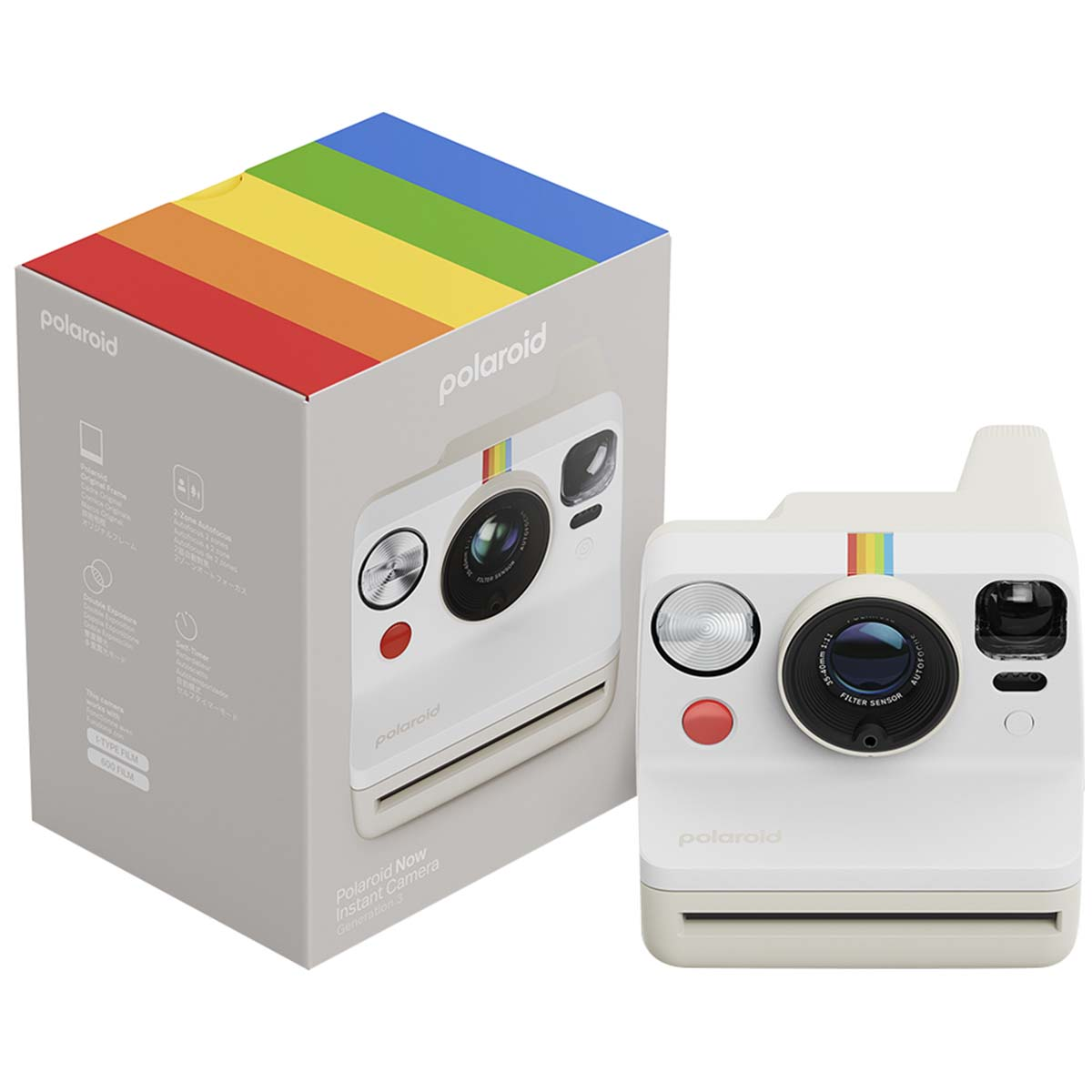Appareil photo instantané Polaroid blanc à côté de sa boîte colorée.