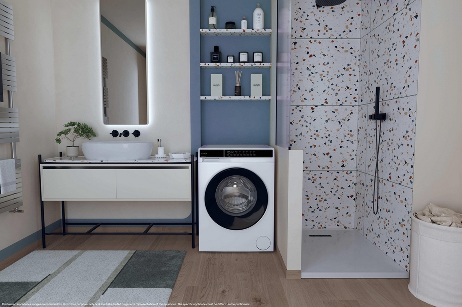 Modernes Badezimmer mit Waschmaschine, Waschbecken und Dusche mit Terrazzo-Fliesen.