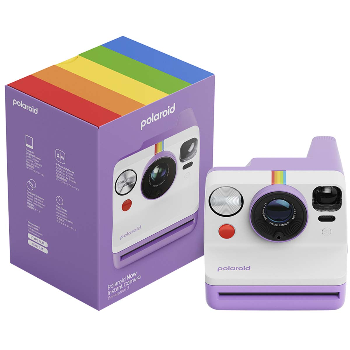 Un pacchetto di fotocamera istantanea Polaroid Now viola con fotocamera e scatola.