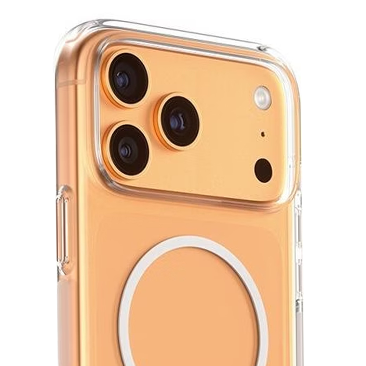 Arkada üç kamera ve beyaz daire bulunan turuncu bir iPhone.