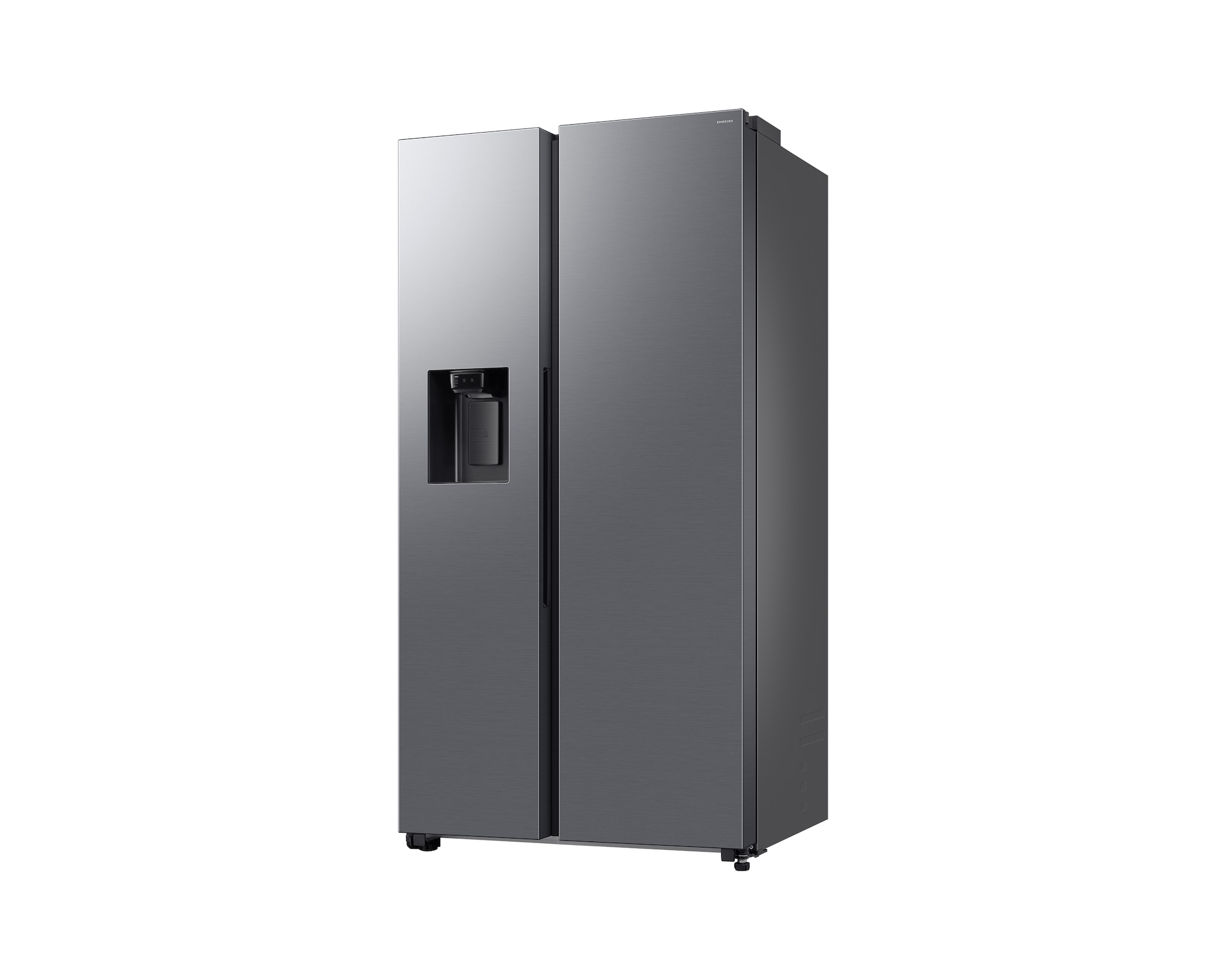 Ein grauer Side-by-Side-Kühlschrank mit Wasserspender auf der linken Tür.