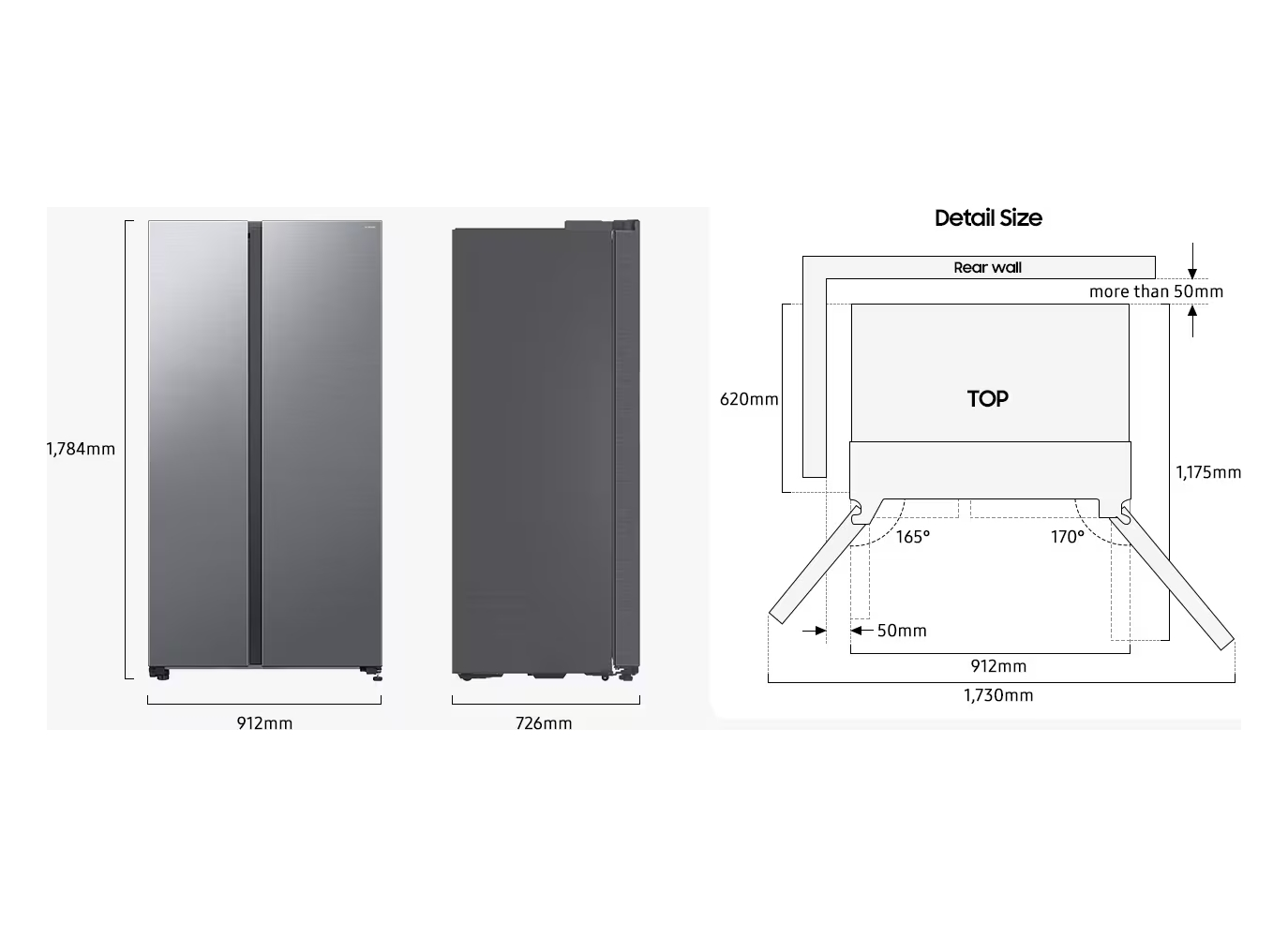 Vista lateral de un refrigerador, con un dibujo detallado de sus dimensiones.