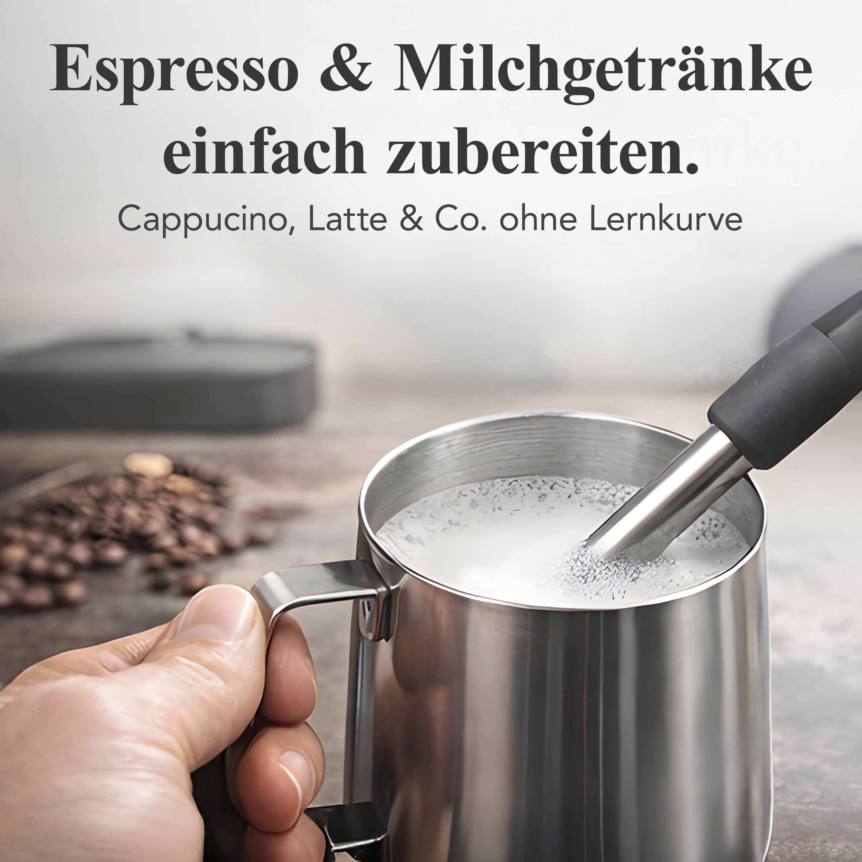 Hand schäumt Milch in Metallkrug mit Dampfdüse, Kaffeebohnen im Hintergrund.