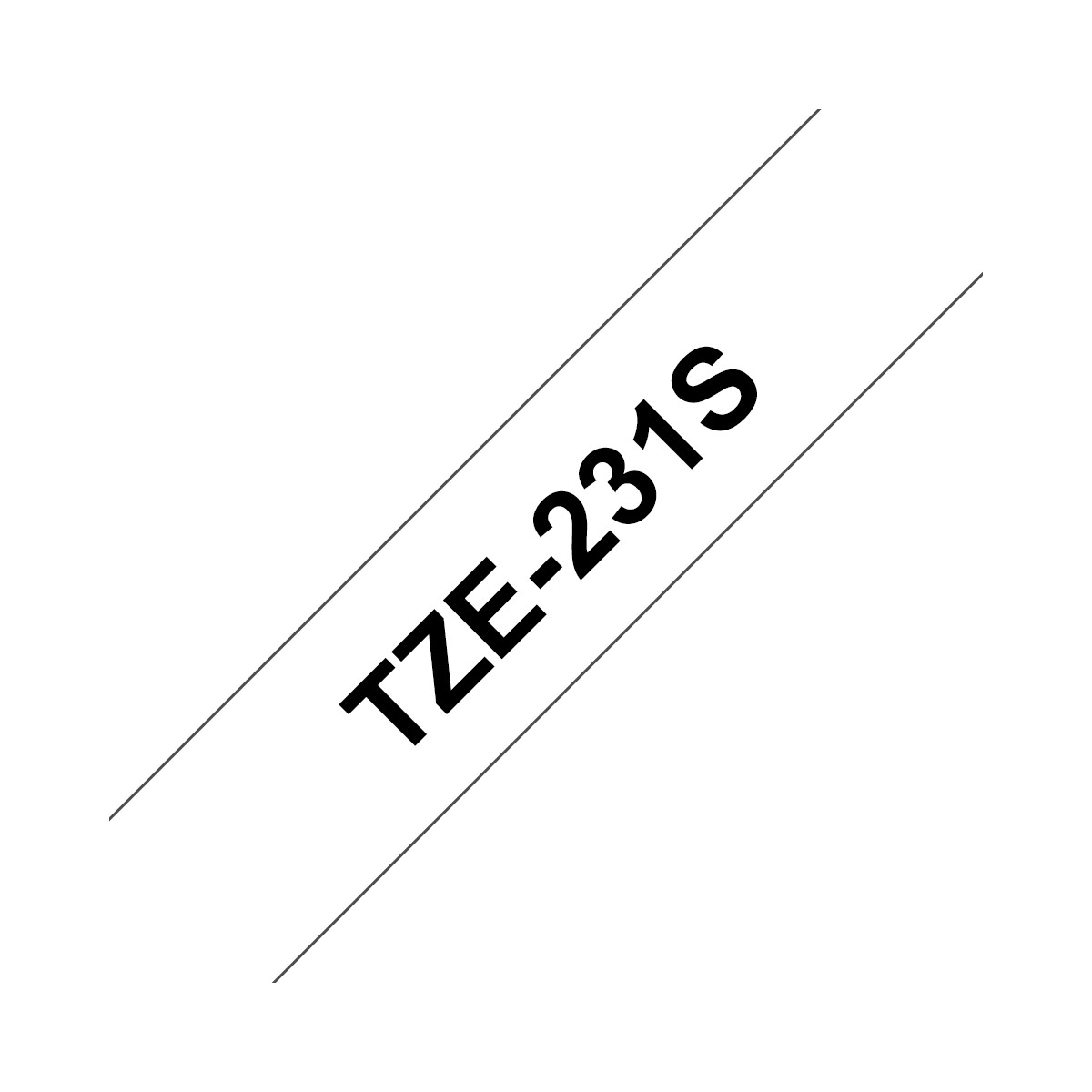 Schwarzer Text "TZE-231S" auf weißem Band mit grauen Linien.