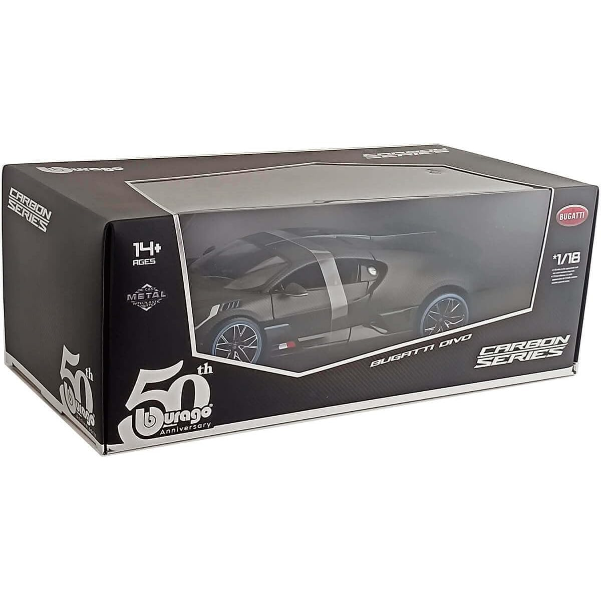 Verpackter schwarzer Bugatti Divo Spielzeugauto, Carbon Serie, 1/18.