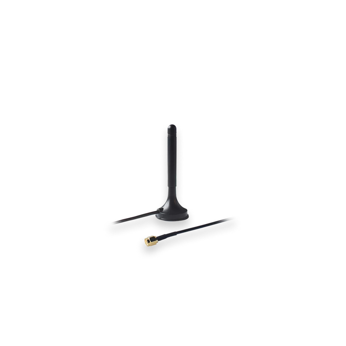 Une antenne noire avec câble et connecteur doré sur fond blanc.