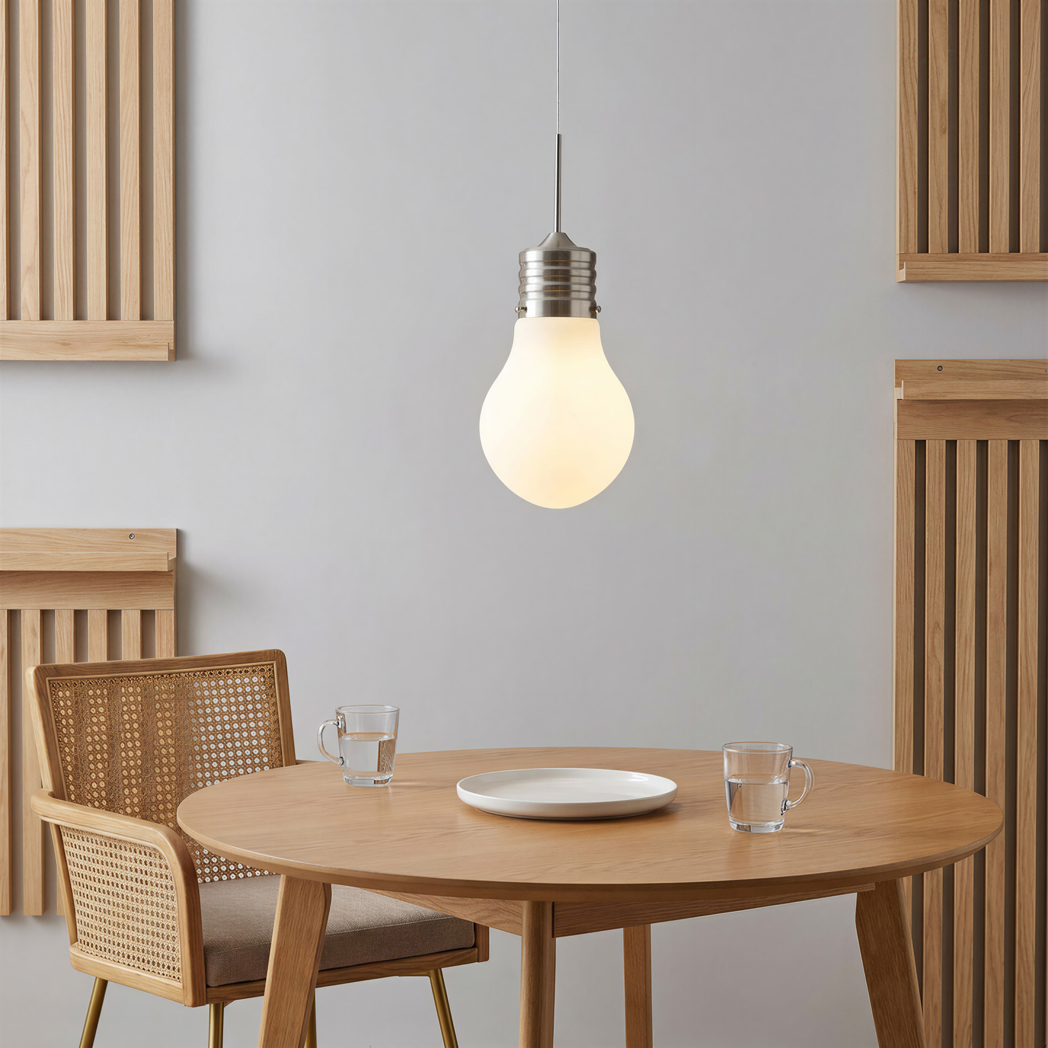 Ein runder Holztisch mit Stuhl, Glas und Teller unter einer Glühbirnenlampe.