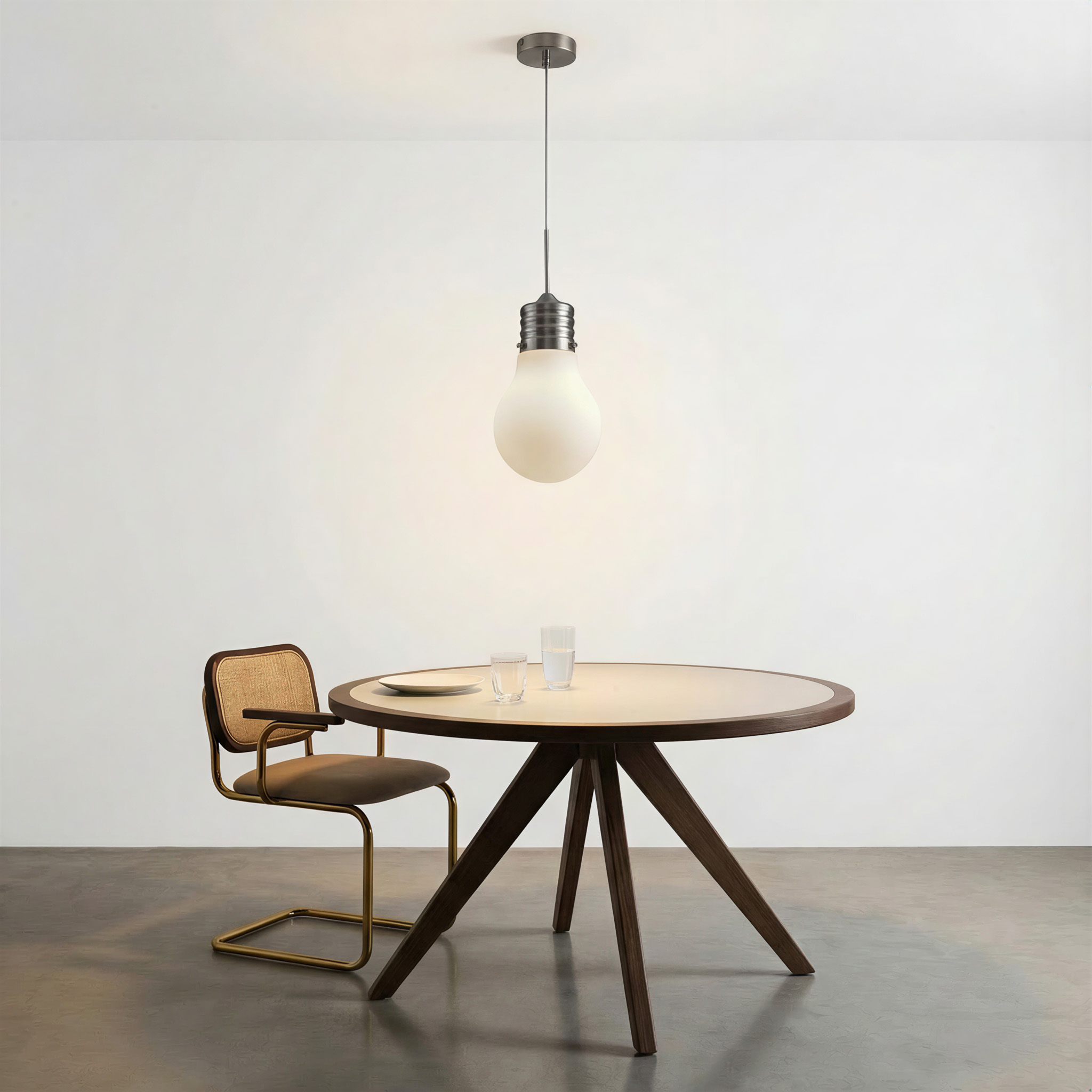 Ein runder Tisch mit Stuhl unter einer Glühbirnenlampe in einem minimalistischen Raum.