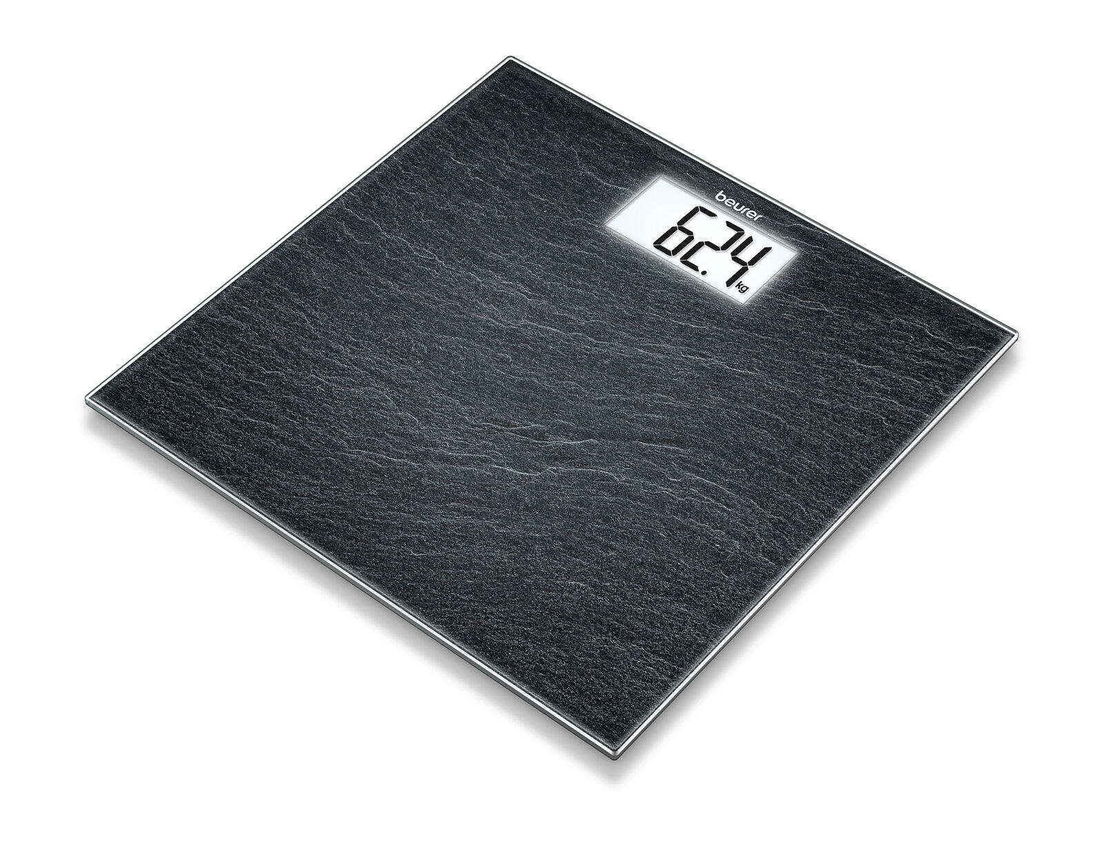 Eine schwarze digitale Personenwaage mit silbernem Rand zeigt 62,4 kg an.