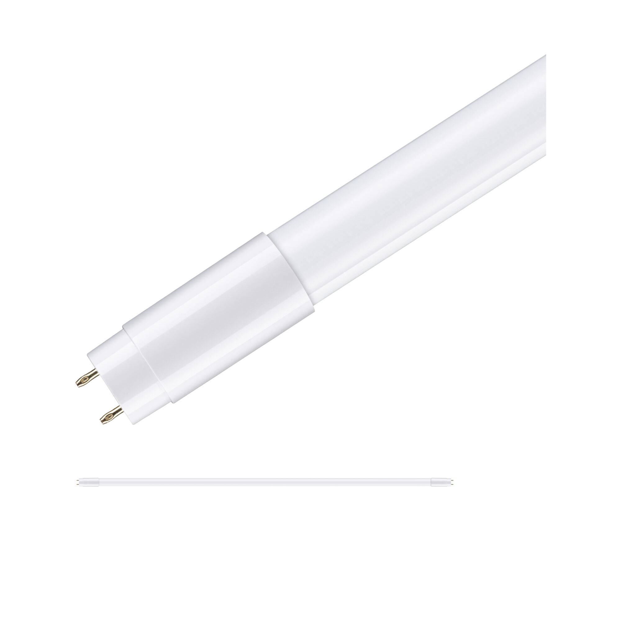 Biała świetlówka z dwoma złotymi bolcami na jednym końcu.