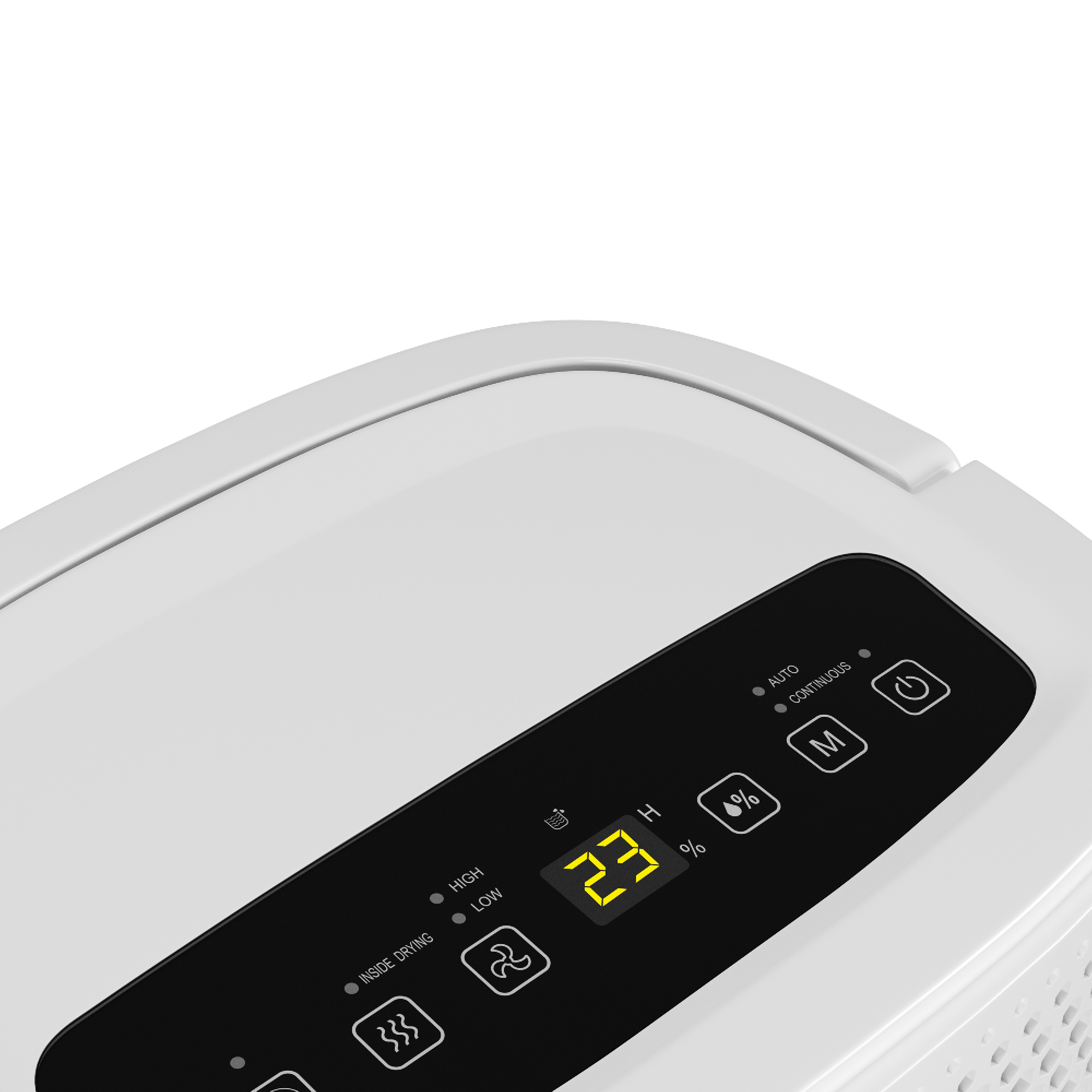 Un dispositivo blanco con panel de control negro que muestra 23% digitalmente.