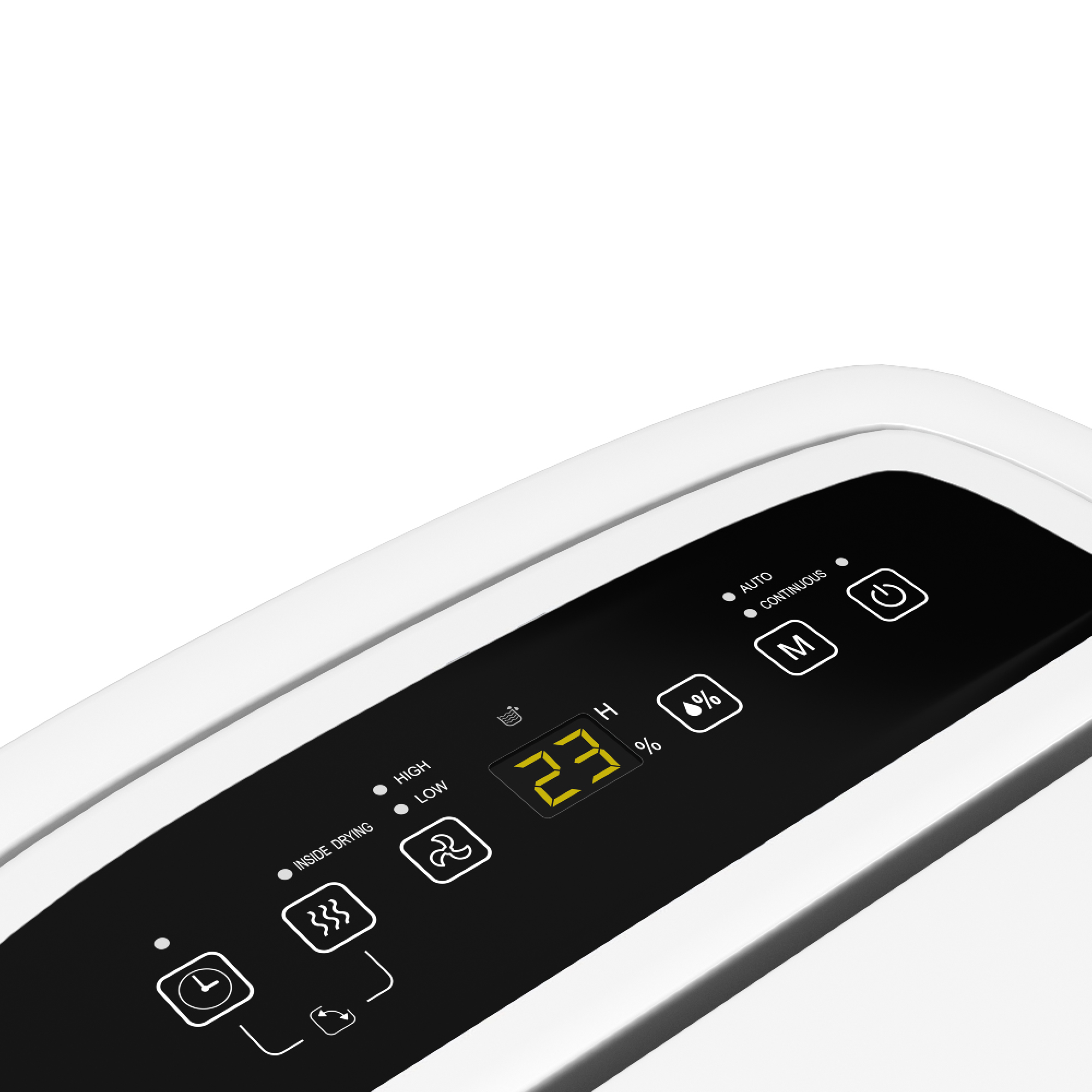 Dispositivo bianco con pannello nero, display digitale giallo che mostra 23%.