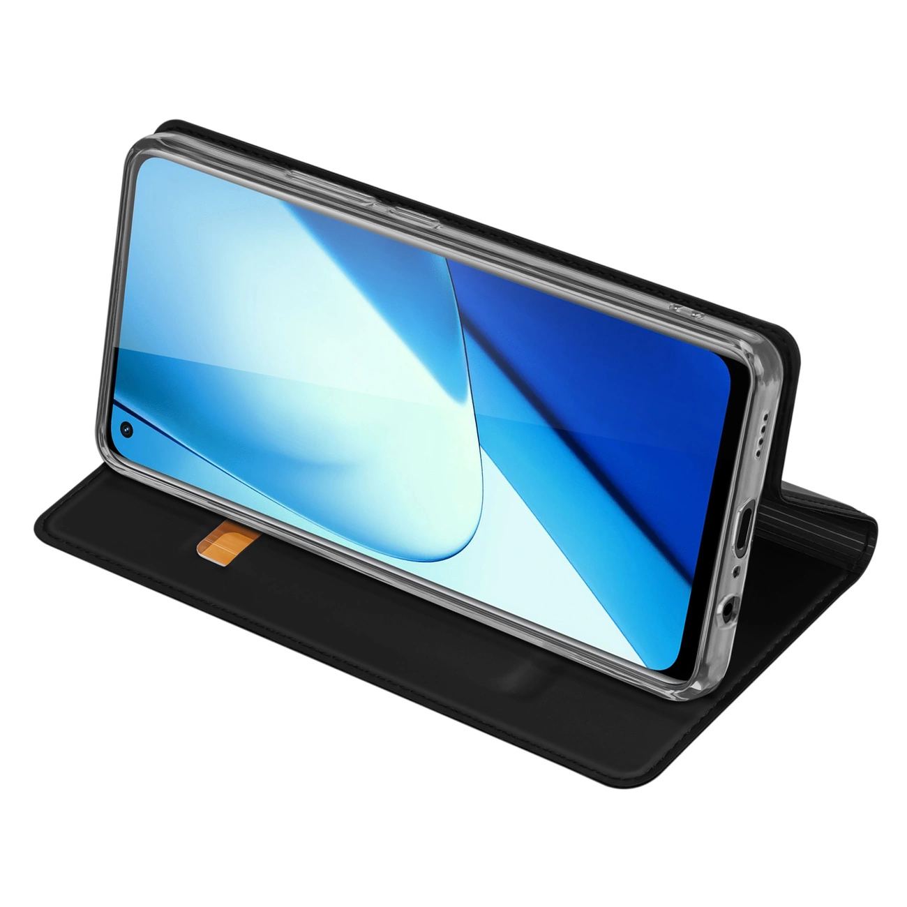 Schwarze Handyhülle im aufgeklappten Zustand mit einem Smartphone.