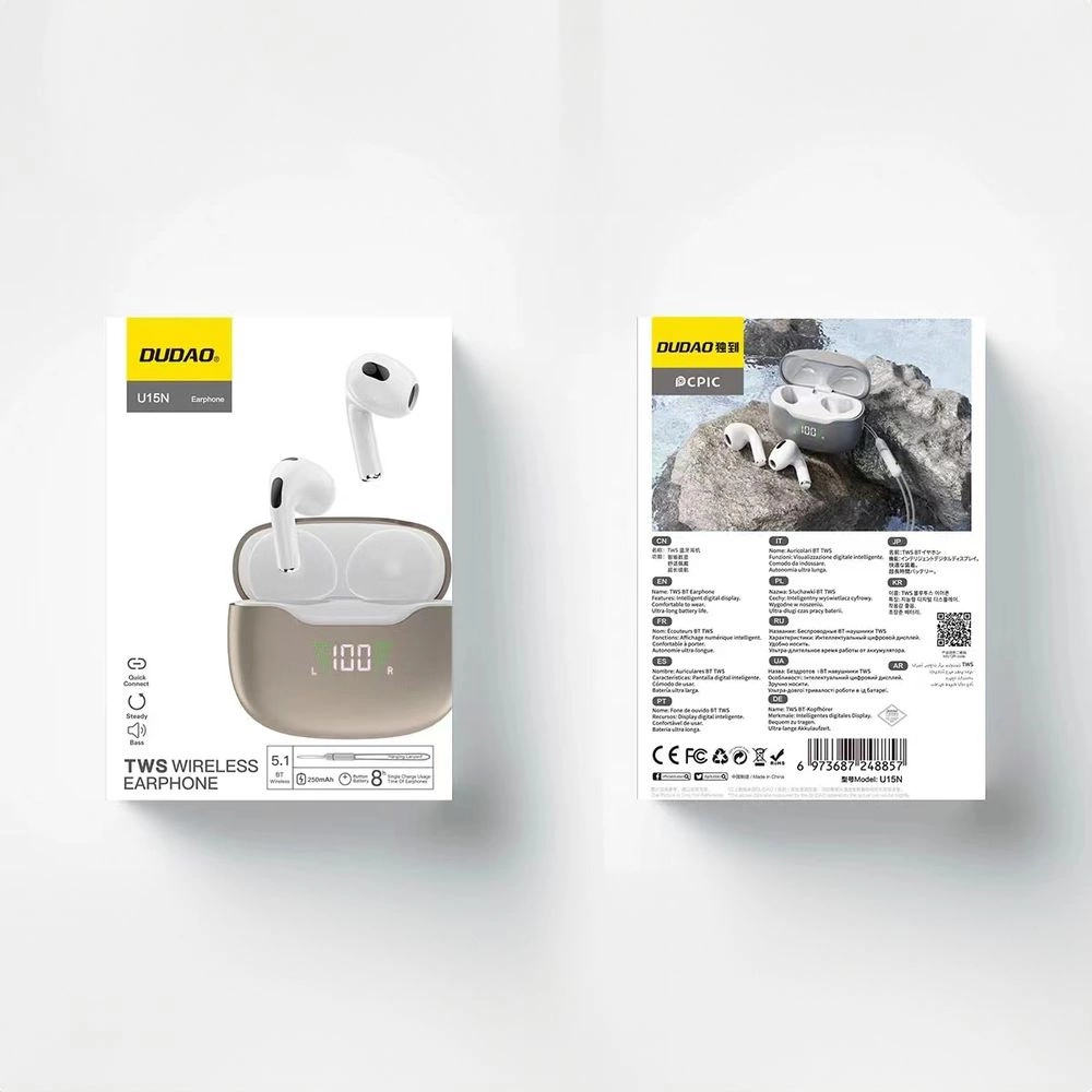 Weiße TWS-Ohrhörer in Ladecase mit digitaler Anzeige auf der Verpackung.