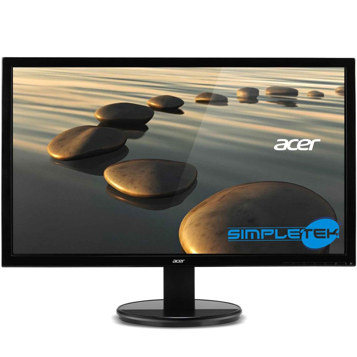 Un monitor Acer mostra un sereno giardino zen con pietre nell'acqua.