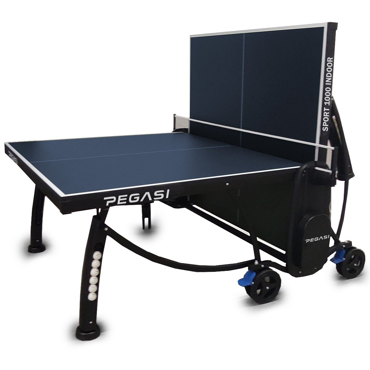A blue "Sport 1000 Indoor" table tennis table with wheels and net.