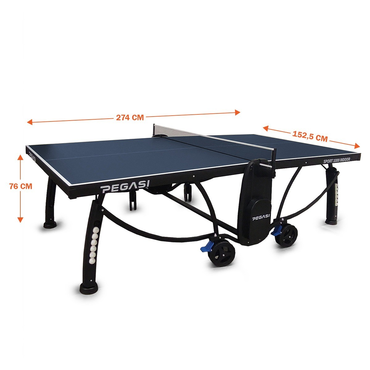 Dark blue ping pong table with net, wheels, and dimensions.