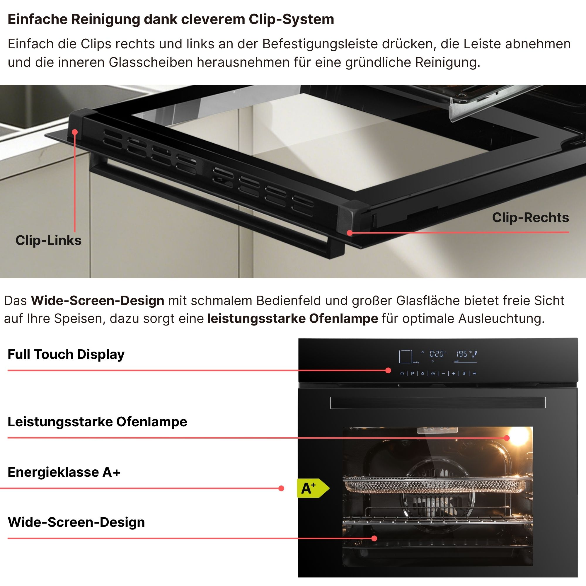 Einbauofen mit Clip-System zur einfachen Reinigung und Touch-Display.
