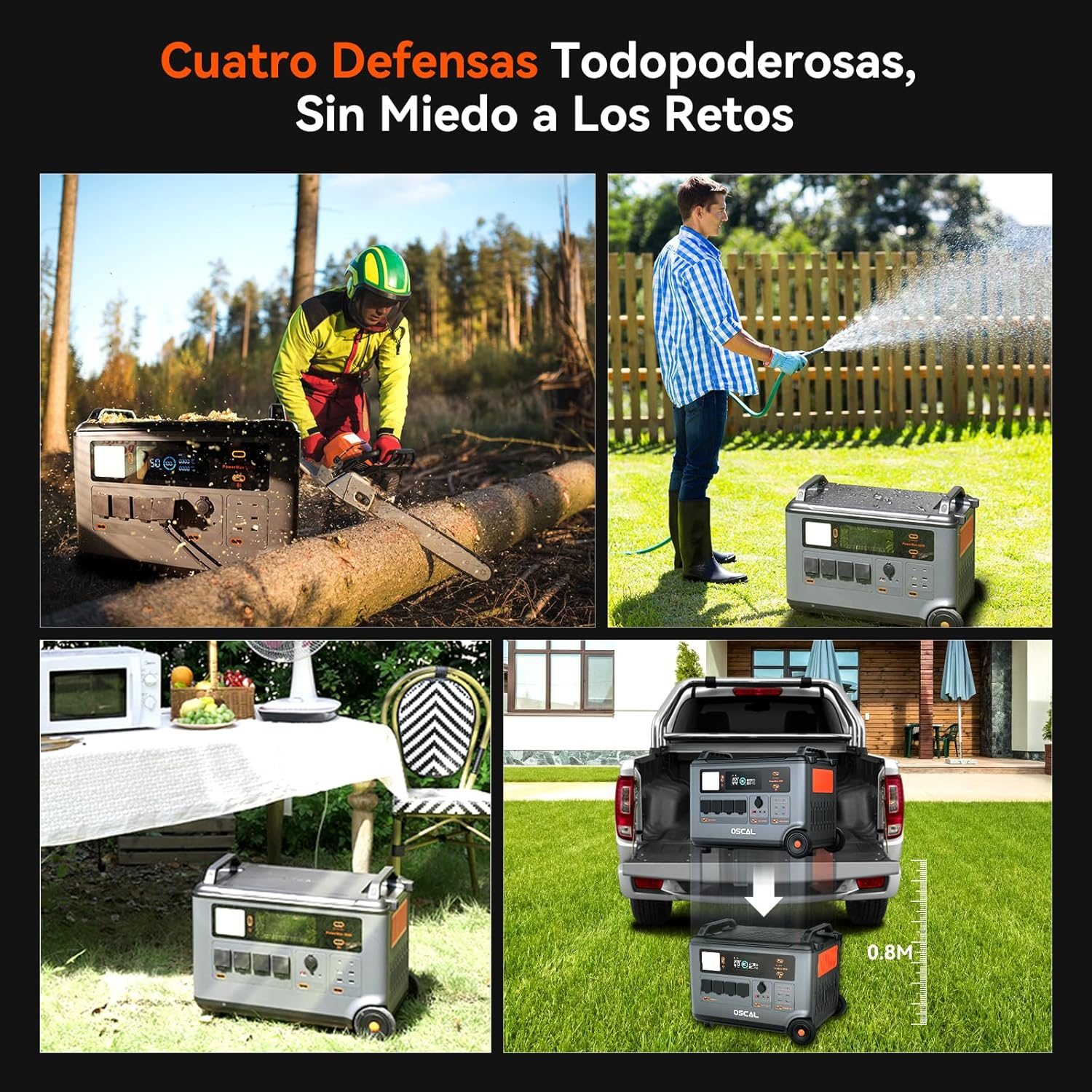 Cuatro escenas con una estación de energía portátil: tala, riego de jardín, picnic y caja de camioneta.