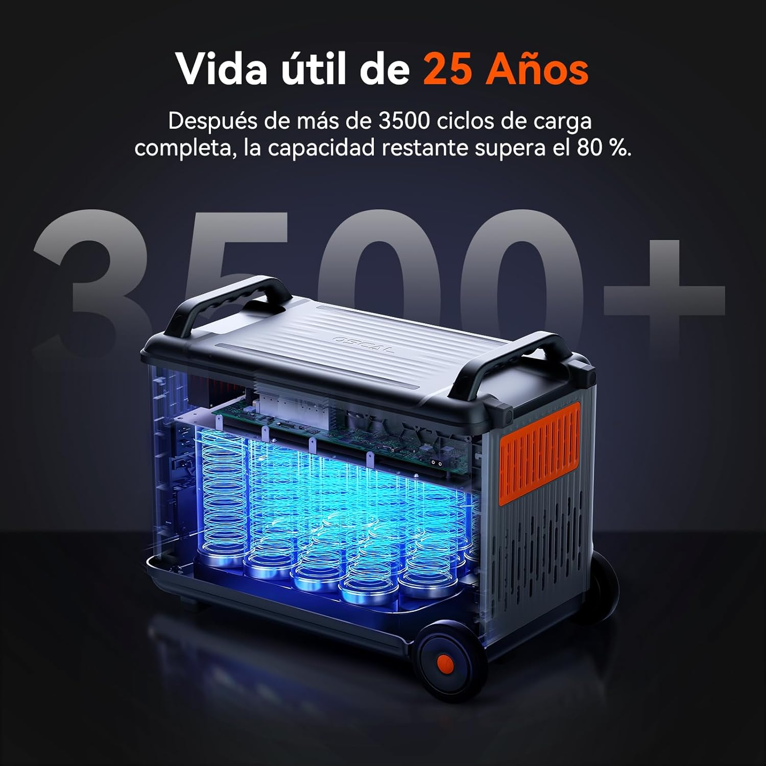 Una central eléctrica portátil con celdas de batería visibles brillando en azul.