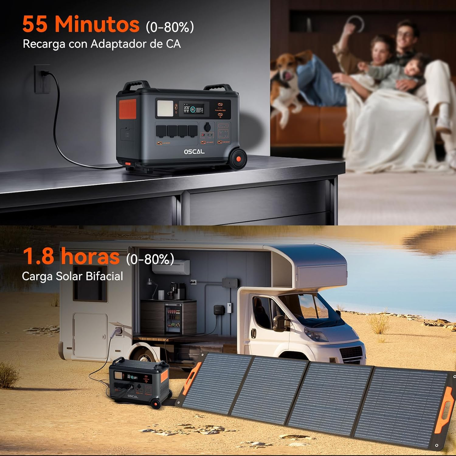 Estación de energía portátil cargando con adaptador de CA; familia relajándose.