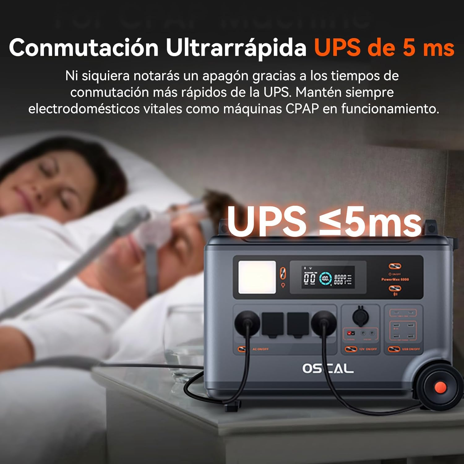 Hombre duerme con dispositivo CPAP conectado a un UPS de 5ms.