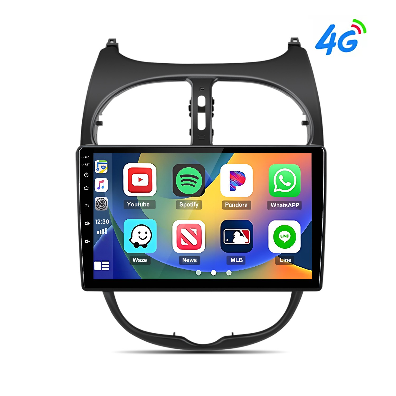 Schermo autoradio con app come Youtube, Spotify, WhatsApp e icona 4G.