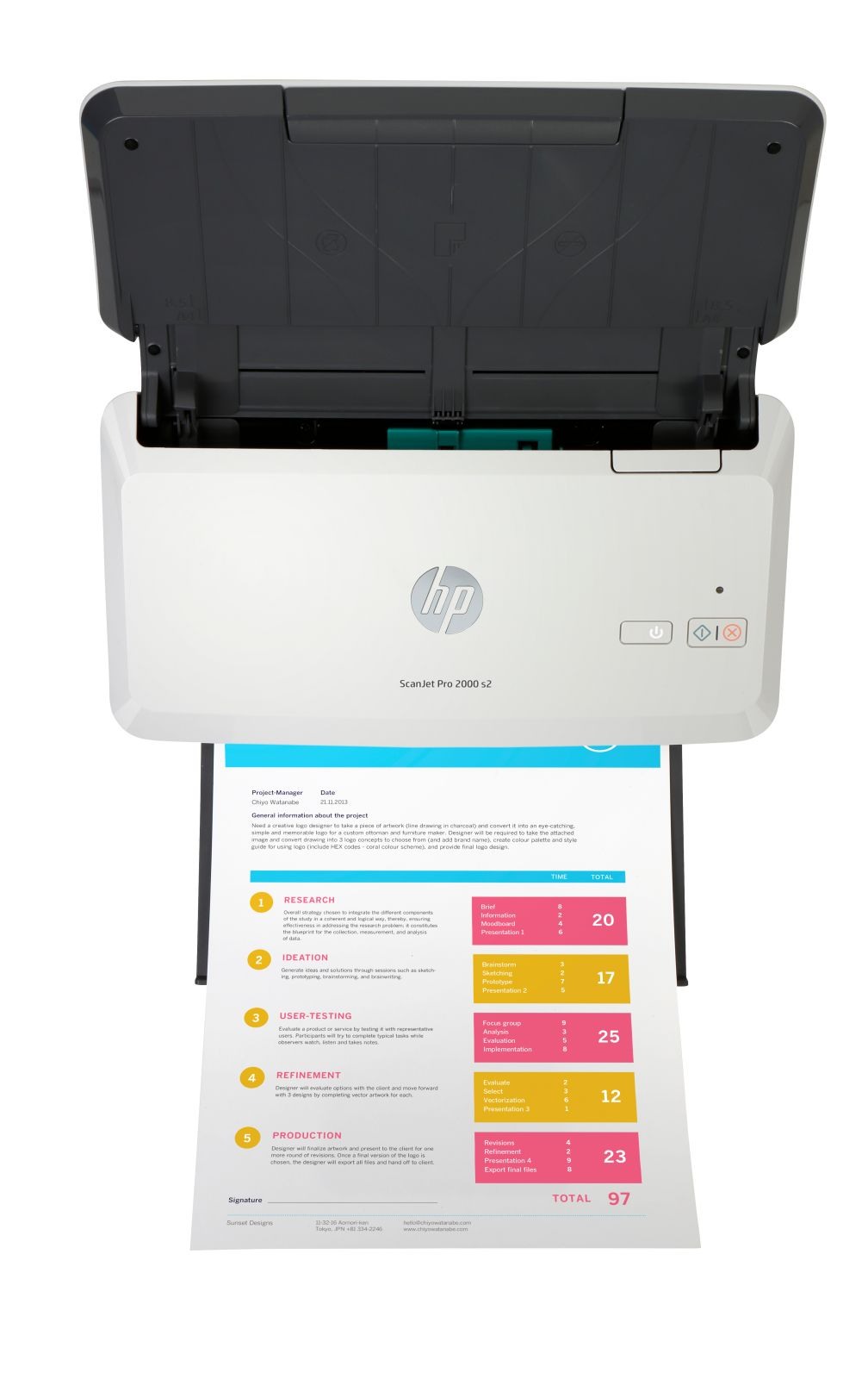HP ScanJet Pro 2000 s2 z otwartą pokrywą, pokazujący plan projektu.