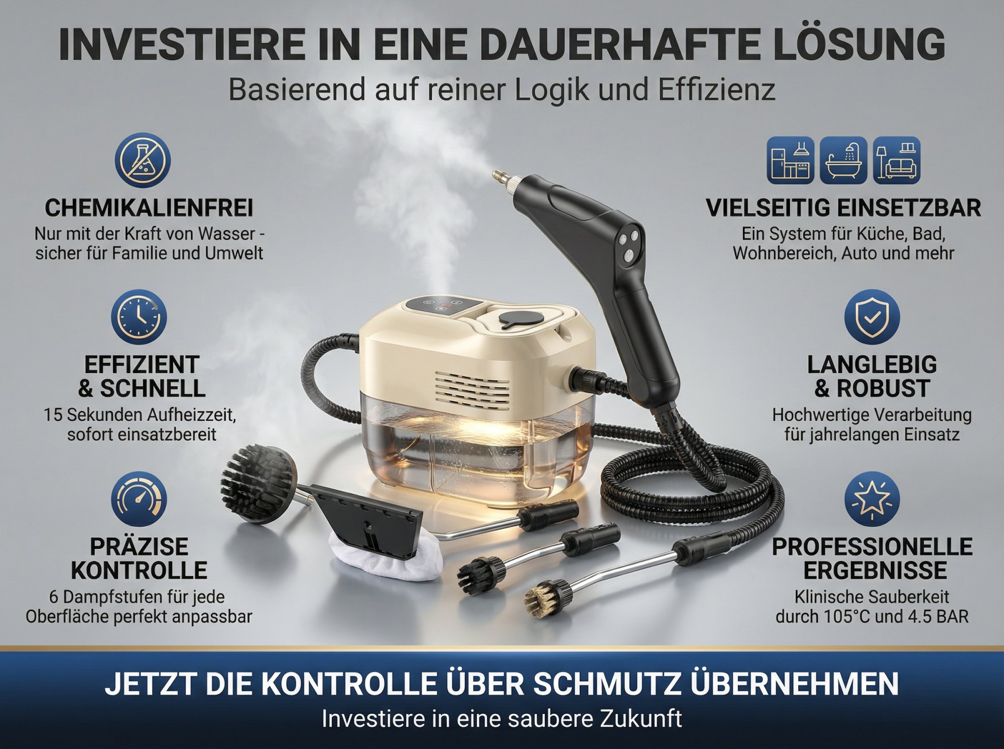 Ein Dampfreiniger mit Zubehör, der Chemikalienfreiheit, Effizienz und Präzision verspricht.